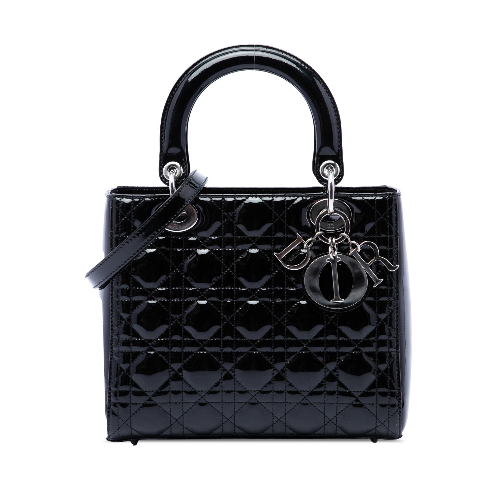Dior Lady Dior Medium Cannage Patent Leather Handbag Black: Dior Lady Dior Medium Cannage Patent Leather Handbag Black Medium Lady Dior handbag in black patent leather with the signature Cannage quilted design. It features flat top handles, a detachable flat l