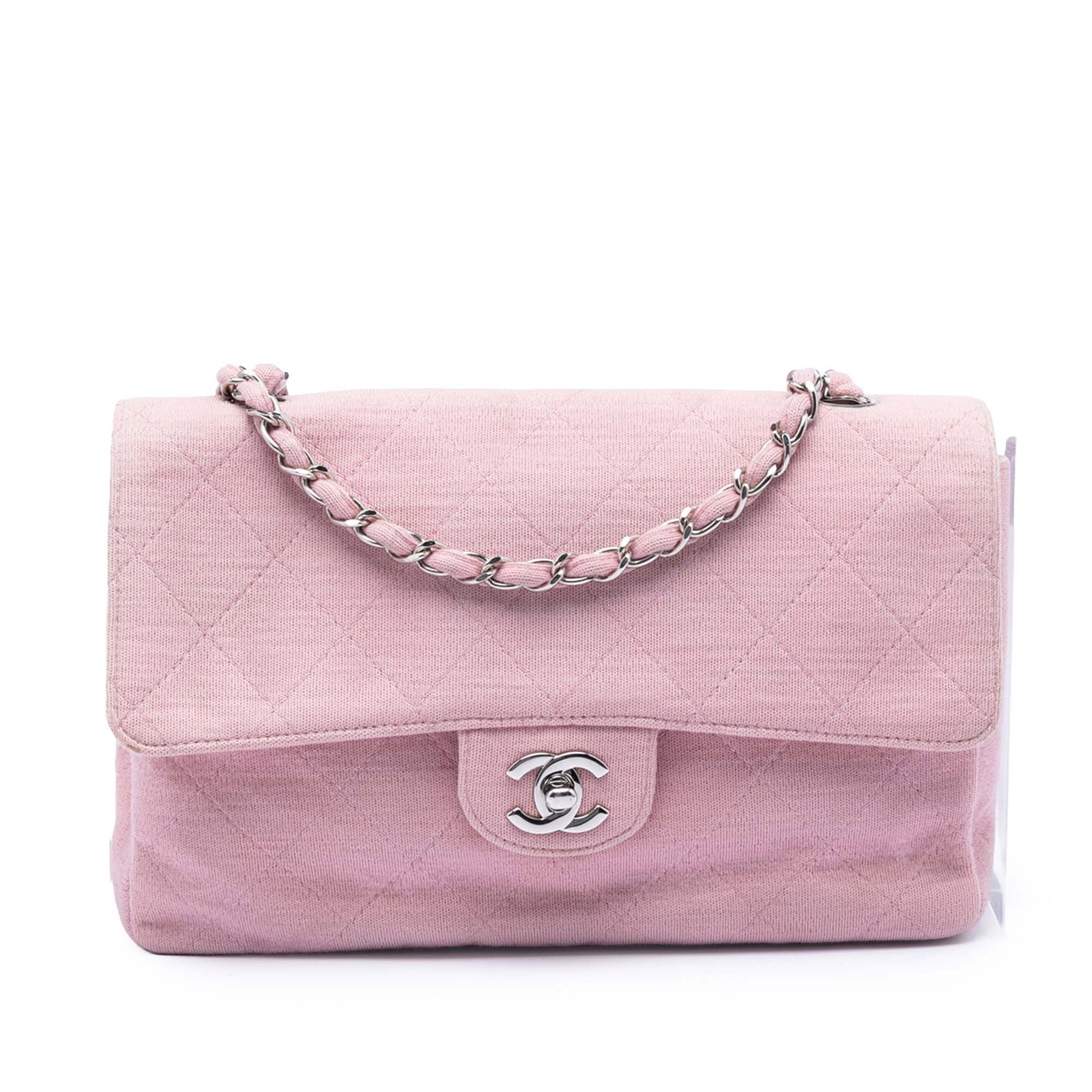 Chanel Pink Quilted Fabric Crossbody Bag Classic Jersey Flap: Chanel Pink Quilted Fabric Crossbody Bag Classic Jersey Flap This Chanel Medium Classic Jersey Single Flap crossbody bag features a quilted fabric body in pink, an exterior back slip pocket, and fabri