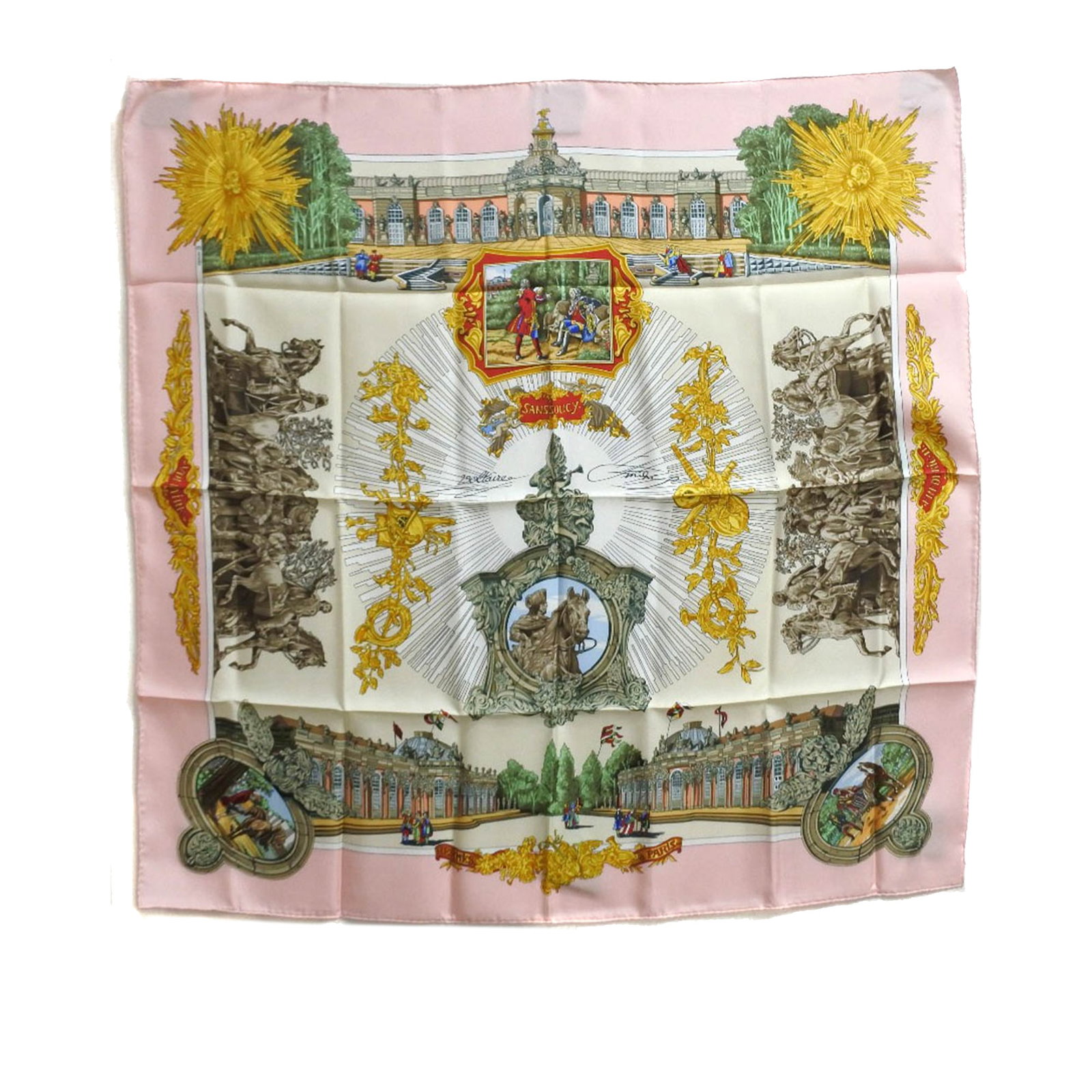 Hermes Sanssoucy Pink 100 Percent Silk 90cm Square Scarf France: Hermes Sanssoucy Pink 100 Percent Silk 90cm Square Scarf France This Hermes Sanssoucy scarf showcases the iconic Sanssoucy print on 100% silk in a pink colorway. Crafted in France, it is a stylish acc