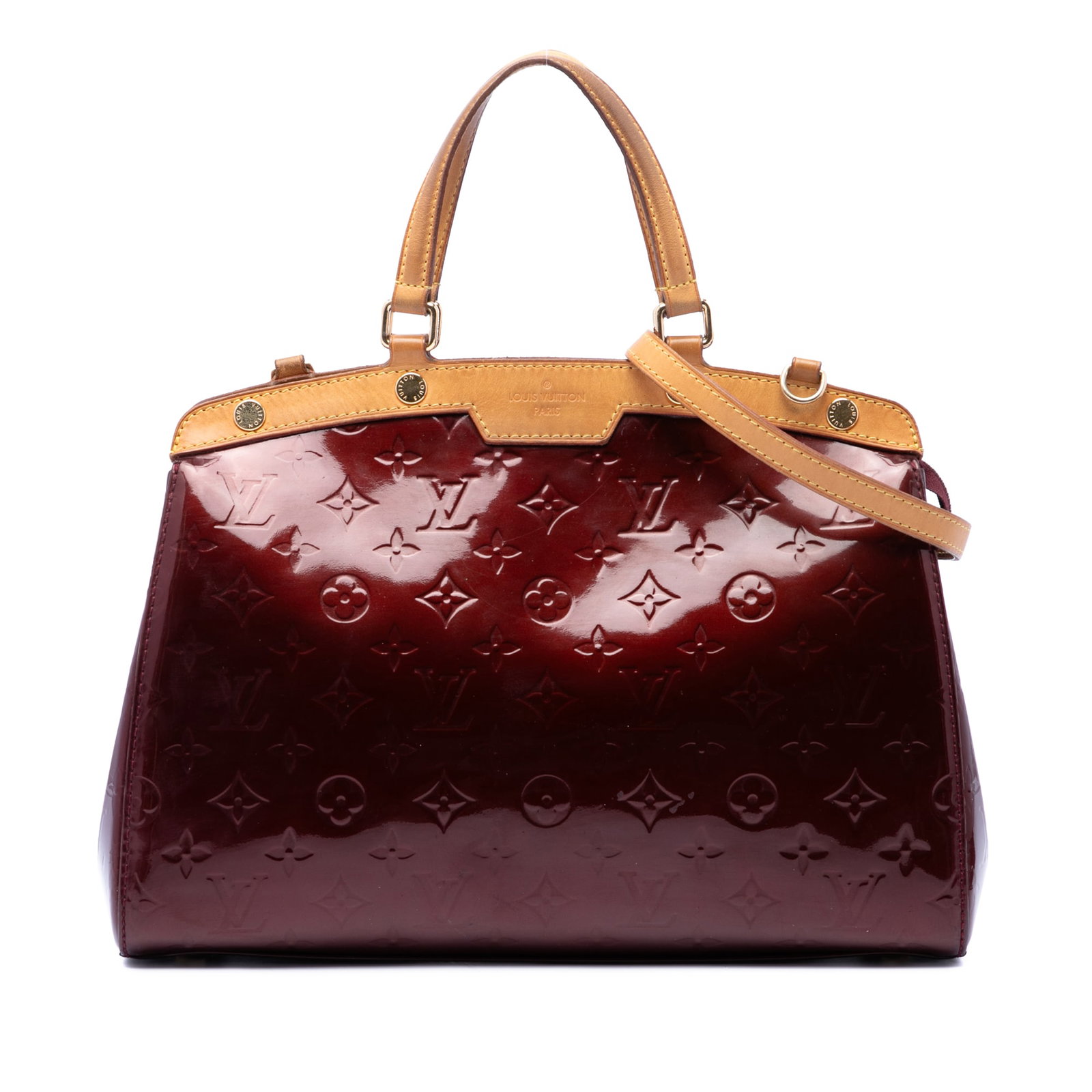 Louis Vuitton Brea MM Monogram Vernis red leather handbag: Louis Vuitton Brea MM Monogram Vernis red leather handbag Louis Vuitton Monogram Vernis Brea MM bag in red leather, made in France. It features a vernis leather body with vachetta leather trim, flat v