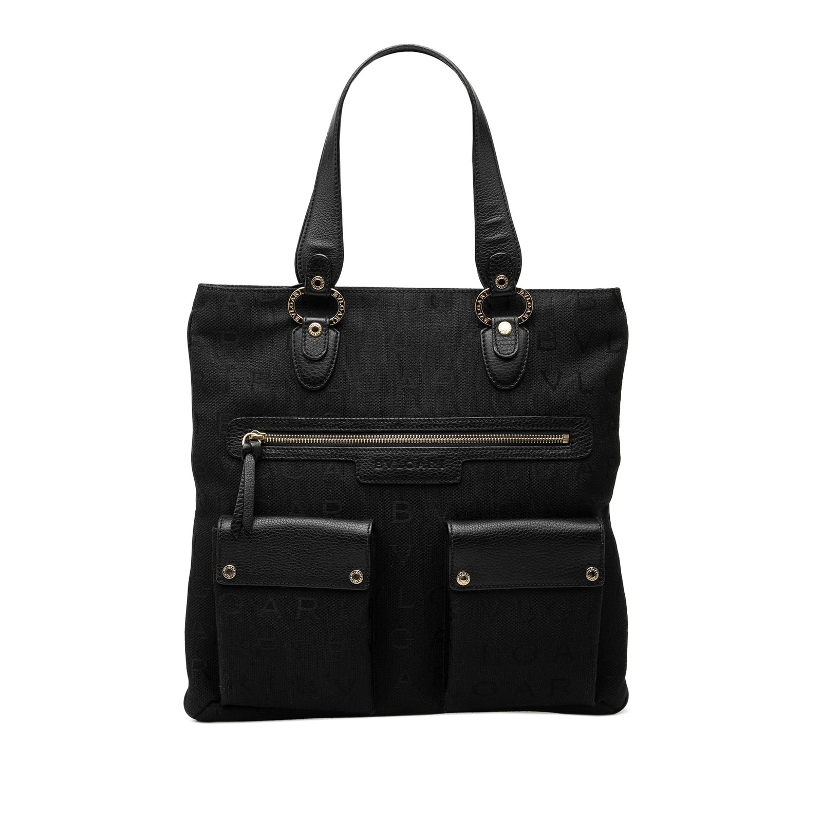Bvlgari Logomania Canvas Tote Bag with Leather Trim Black: Bvlgari Logomania Canvas Tote Bag with Leather Trim Black Bvlgari Canvas Logomania Tote in black fabric with leather trim and flat leather handles. The bag features a top zip closure, exterior front z
