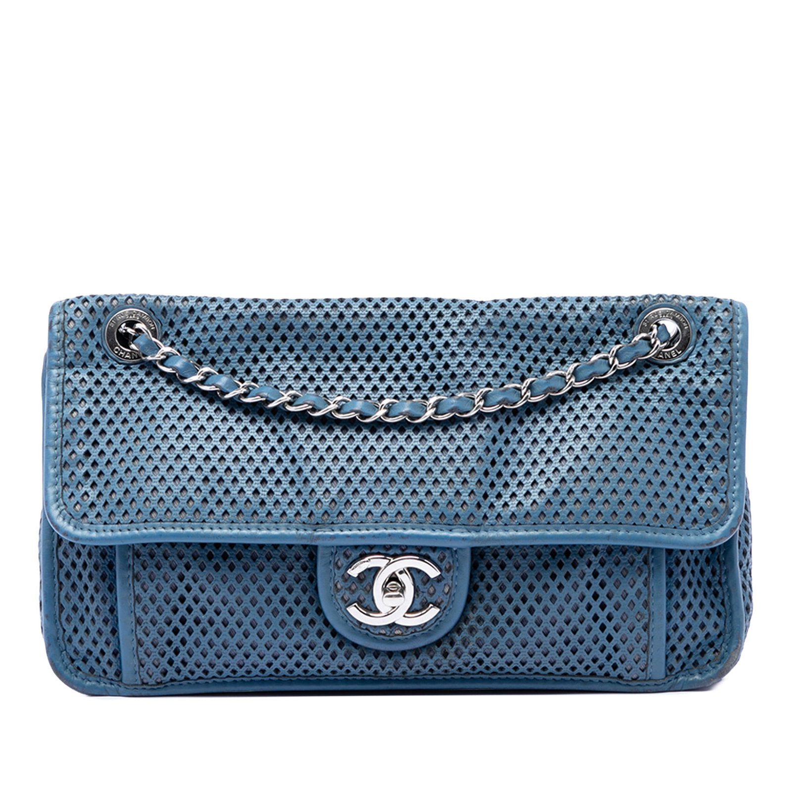 Chanel Up In The Air Medium Flap Bag Blue Perforated Calfskin: Chanel Up In The Air Medium Flap Bag Blue Perforated Calfskin Medium flap bag in blue perforated calfskin with leather-woven chain straps, a front flap with interlocking CC twist-lock closure, an exte