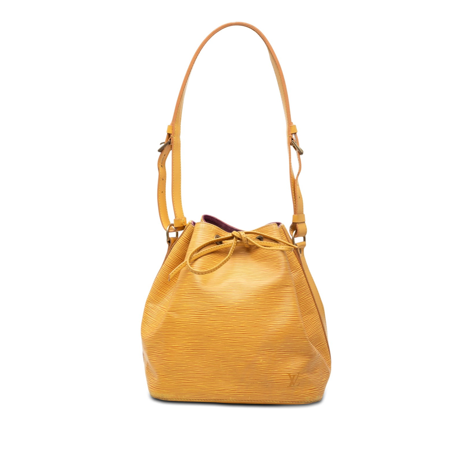 Louis Vuitton Petit Noe Yellow Epi Leather Bucket Bag: Louis Vuitton Petit Noe Yellow Epi Leather Bucket Bag Louis Vuitton Epi Petit Noe bucket bag crafted in yellow epi leather with flat shoulder straps and a drawstring closure. Made in France. Condition