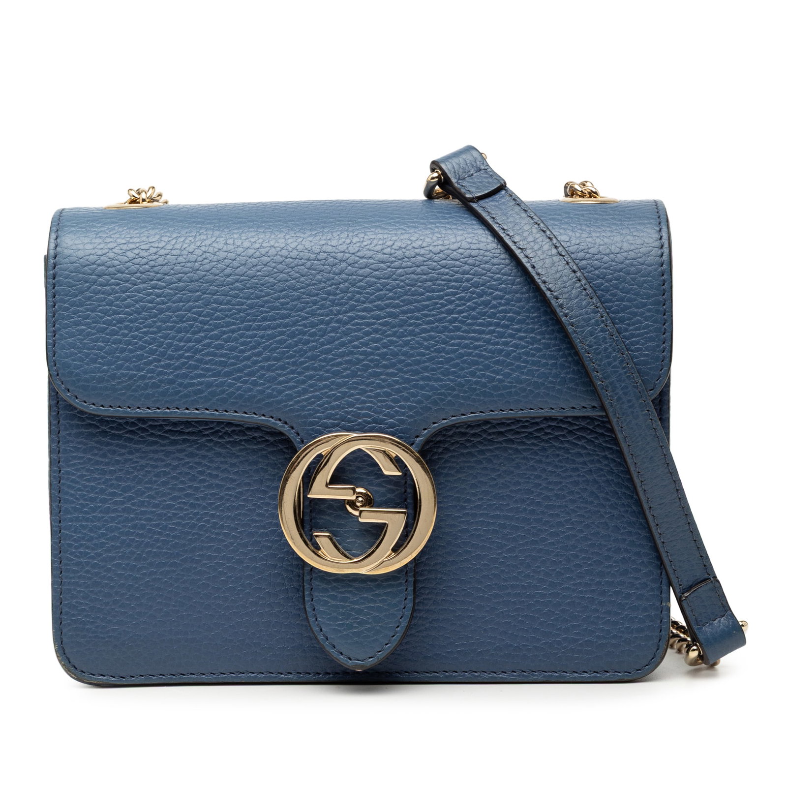 Gucci Interlocking G Blue Leather Small Crossbody Bag with Chain Strap: Gucci Interlocking G Blue Leather Small Crossbody Bag with Chain Strap This Gucci Small Dollar Calfskin Interlocking G Crossbody bag showcases a blue leather body with a chain-link shoulder strap and 