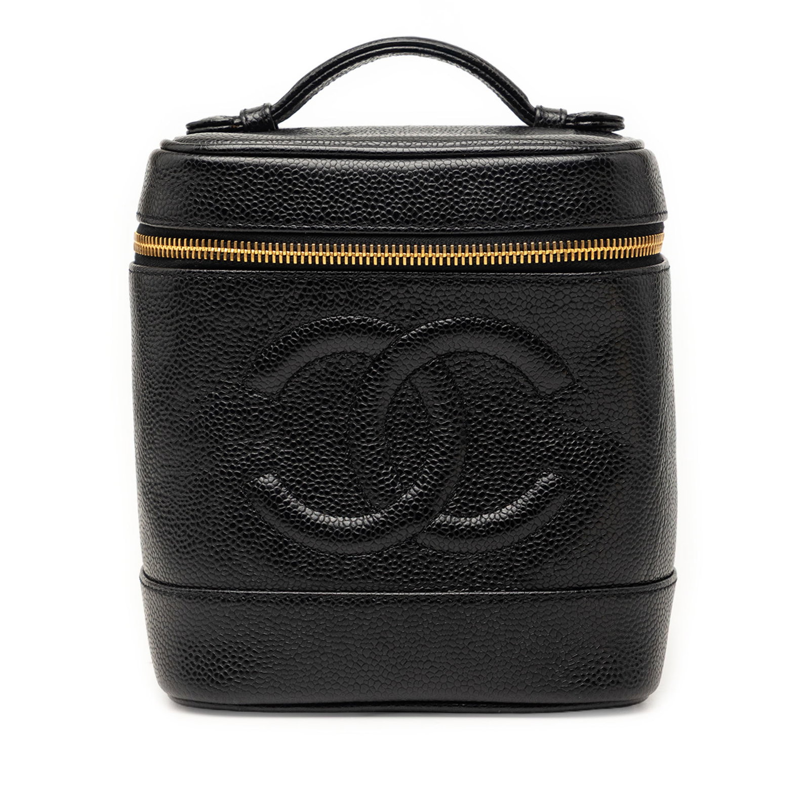 Chanel CC Vanity Bag in Black Caviar Leather: Chanel CC Vanity Bag in Black Caviar Leather Chanel CC Caviar Vanity Bag in black caviar leather with a flat top handle, zip-around closure, and an interior slip pocket. Made in France. Condition B+ w