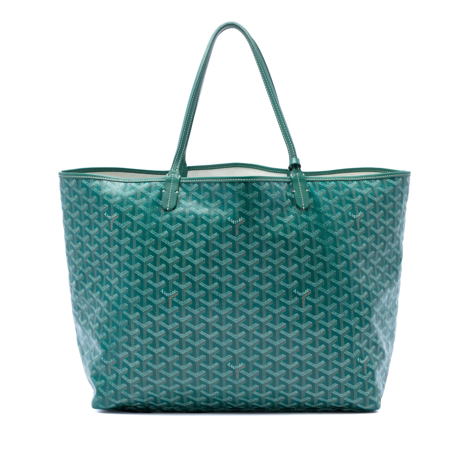 Goyard Saint Louis GM Goyardine tote bag green: Goyard Saint Louis GM Goyardine tote bag green The Goyardine Saint Louis GM is an open-top tote bag featuring a coated canvas body, leather trim, flat leather handles, and an included pouch. Condition