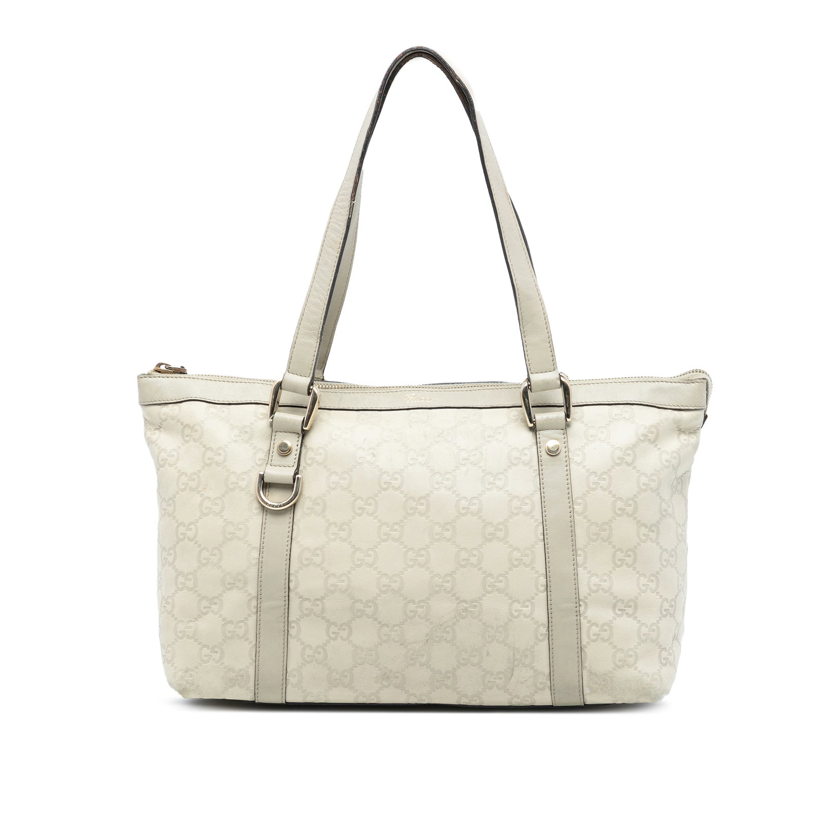 Gucci Guccissima Abbey D Ring White Embossed Leather Tote Bag Italy: Gucci Guccissima Abbey D Ring White Embossed Leather Tote Bag Italy This Gucci Guccissima Abbey D Ring Tote features an embossed leather exterior in white, flat leather handles, a top zip closure, and