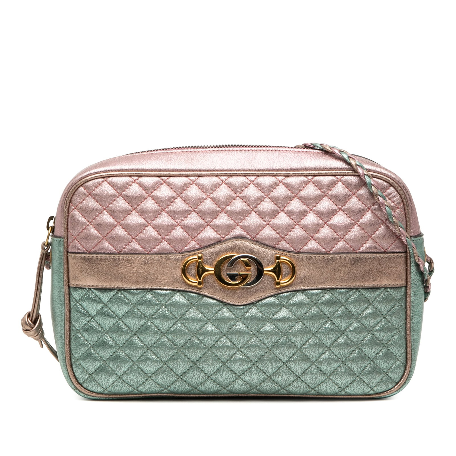 Gucci Trapuntata Laminated Nappa Leather Crossbody Bag Green: Gucci Trapuntata Laminated Nappa Leather Crossbody Bag Green Gucci Laminated Nappa Trapuntata crossbody bag in green quilted metallic leather. This bag features a flat braided strap, top zip closure, 