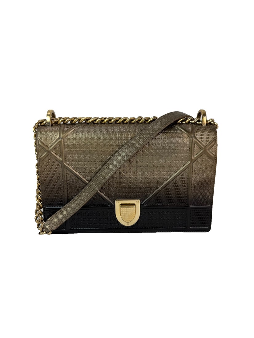 Dior Diorama Ombre Calfskin Crossbody Bag with Gold Hardware: Dior Diorama Ombre Calfskin Crossbody Bag with Gold Hardware Elevate your accessory collection with the Christian Dior Diorama Cannage Embossed Calfskin Ombre Crossbody Bag. This stylish bag features 
