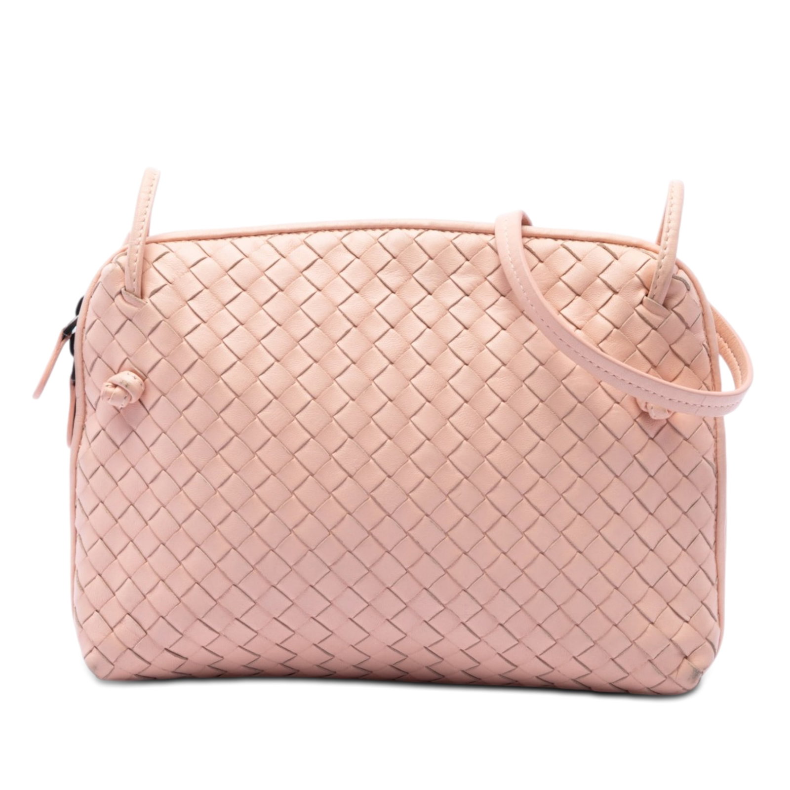 Bottega Veneta Nodini Crossbody Bag Pink Nappa Intrecciato Leather: Bottega Veneta Nodini Crossbody Bag Pink Nappa Intrecciato Leather Bottega Veneta Nodini crossbody bag crafted in pink nappa intrecciato leather. This crossbody style features a woven leather body, a 