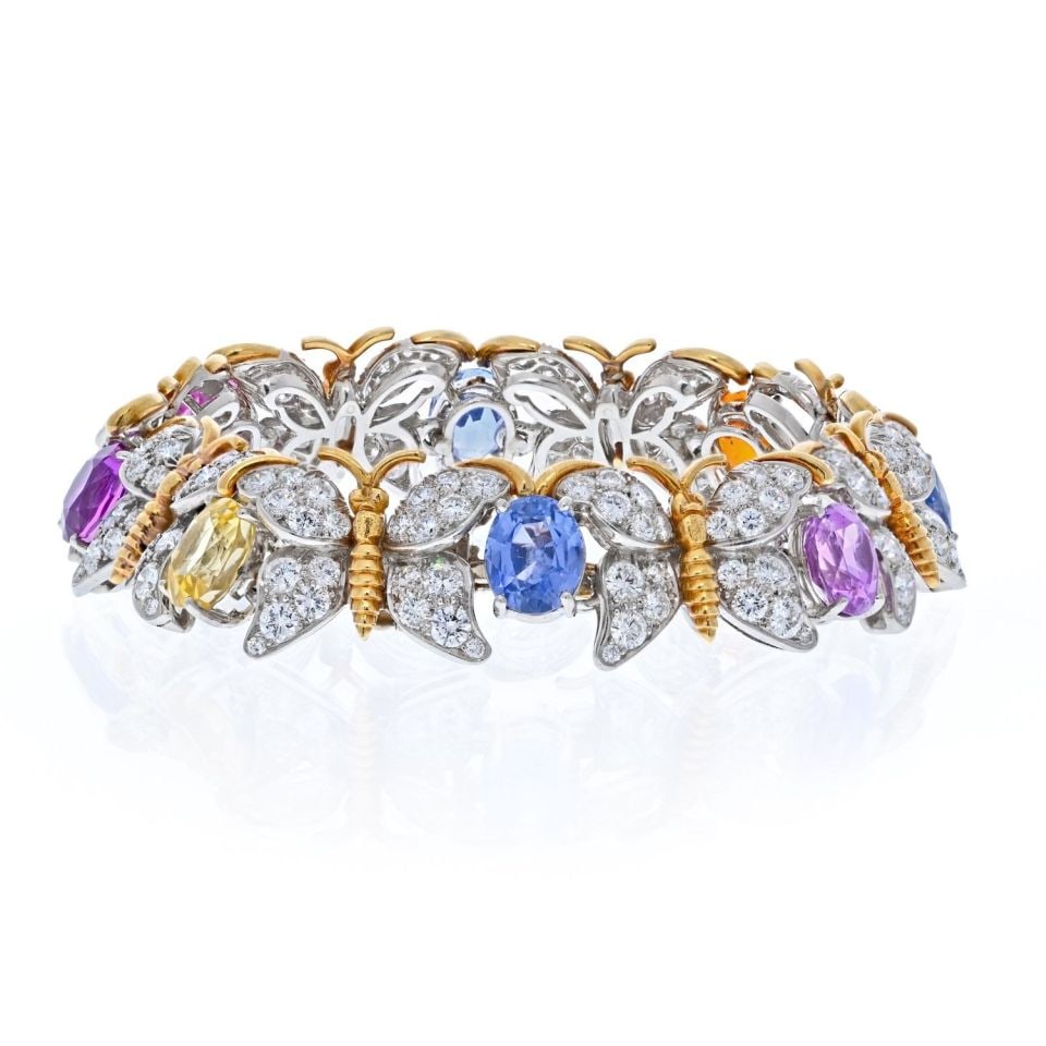 Tiffany & Co. Schlumberger Butterfly Bracelet Platinum 18K Gold Diamonds: Tiffany & Co. Schlumberger Butterfly Bracelet Platinum 18K Gold Diamonds This exquisite Tiffany & Co. Schlumberger bracelet showcases a sophisticated butterfly motif crafted from platinum and 18K yell