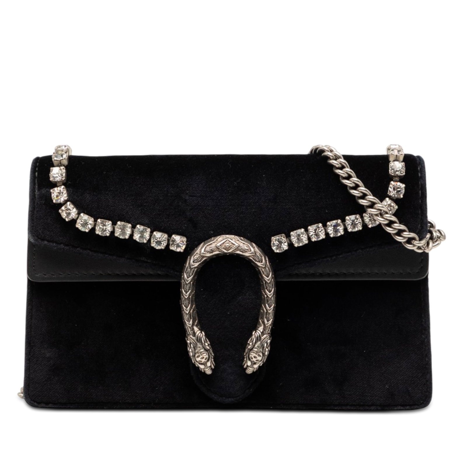 Gucci Dionysus Mini Black Velvet Crossbody with Crystal Embellishments: Gucci Dionysus Mini Black Velvet Crossbody with Crystal Embellishments Mini Dionysus crossbody bag in black velvet with leather trim and crystal embellishments. The design features a chain link strap 