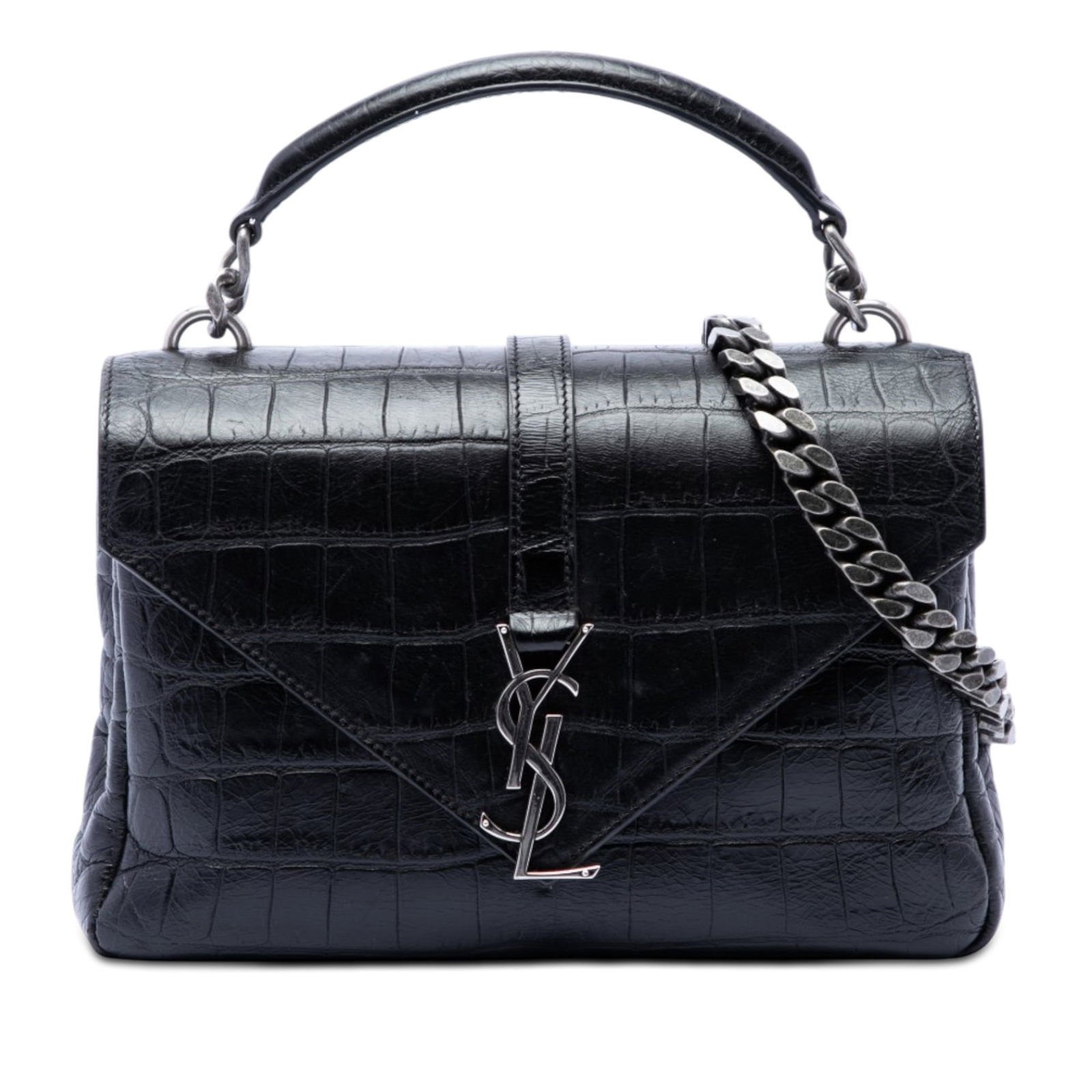 Saint Laurent College Medium Black Croc Embossed Leather Satchel: Saint Laurent College Medium Black Croc Embossed Leather Satchel Saint Laurent Medium Croc Embossed Leather Monogram College Satchel crafted in black leather. This satchel features a rolled top handle