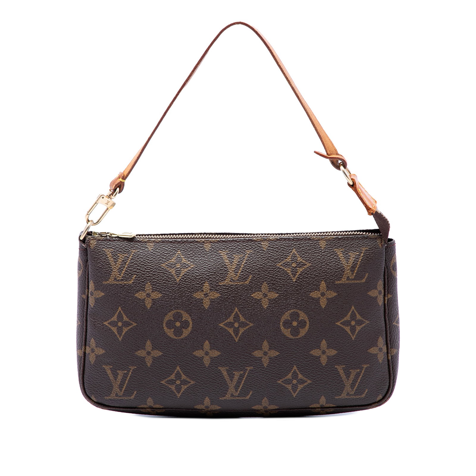 Louis Vuitton Monogram Pochette Accessoires zip top shoulder bag: Louis Vuitton Monogram Pochette Accessoires zip top shoulder bag Louis Vuitton Monogram Pochette Accessoires crafted with a monogram canvas body, a flat vachetta leather handle, and a top zip closure.