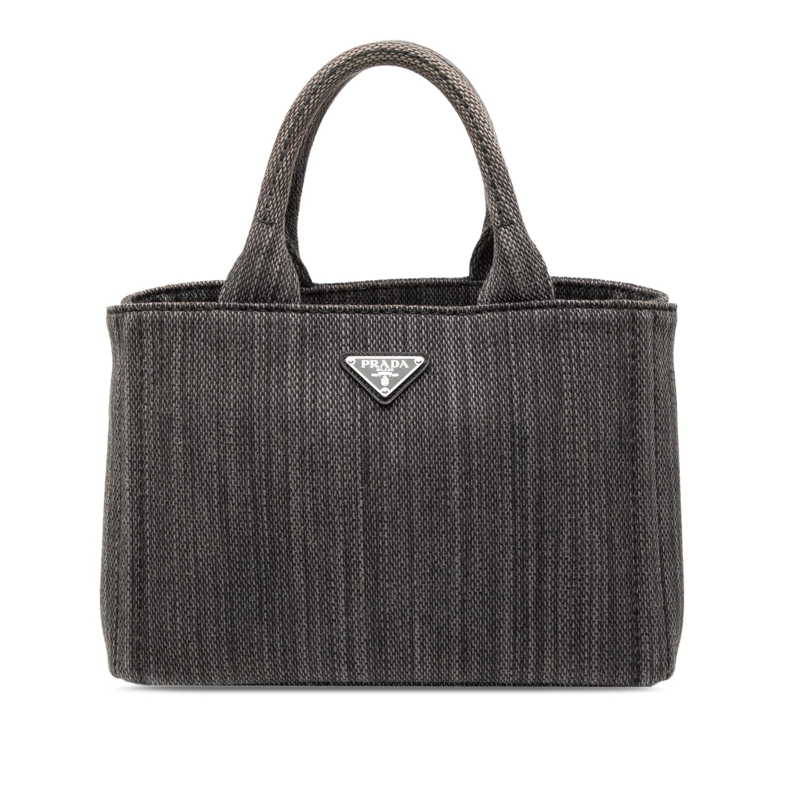 Gray Fabric Satchel by Prada Canapa Small Model: Gray Fabric Satchel by Prada Canapa Small Model This Prada Small Canvas Canapa Satchel features a gray fabric body with rolled canvas handles, an open top design, and both interior zip and slip pocket
