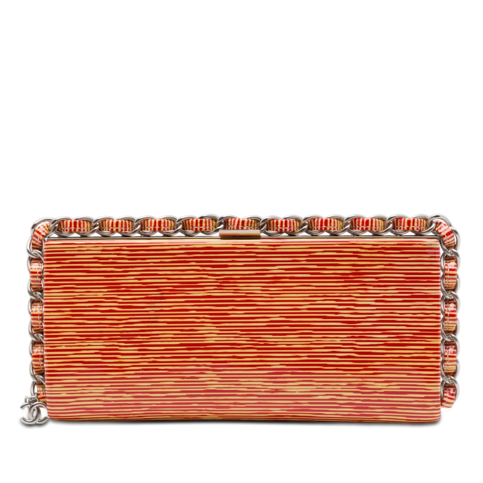 Chanel CC Chain Around Patent Leather Clutch Bag Red: Chanel CC Chain Around Patent Leather Clutch Bag Red Chanel CC Patent Striped Chain Around Clutch in red, made in Italy. This clutch bag features a patent leather body with chain details, a top metal 