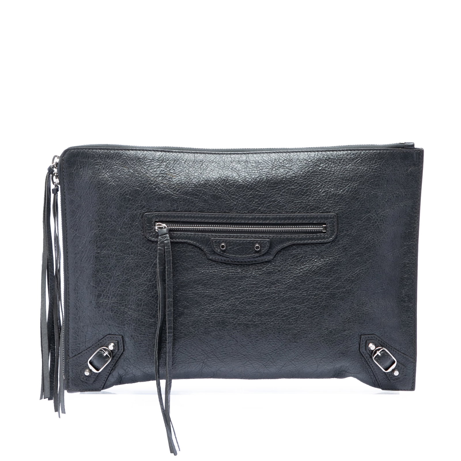 Balenciaga Motocross Classic zip around flat clutch lambskin leather: Balenciaga Motocross Classic zip around flat clutch lambskin leather Balenciaga Lambskin Motocross Classic Zip Around Flat Clutch in gray leather with a zip-around closure. The design includes an exte
