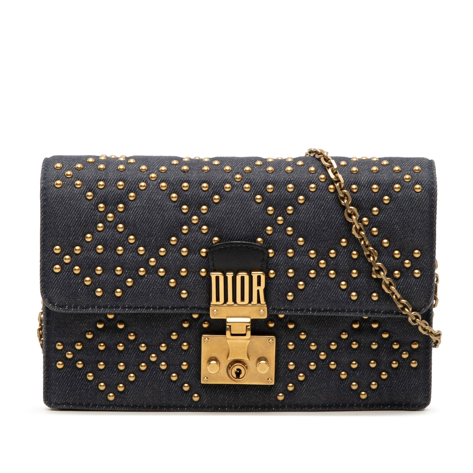 Dior DiorAddict studded denim wallet on chain blue: Dior DiorAddict studded denim wallet on chain blue DiorAddict wallet on chain in blue denim with Cannage quilting and studded detailing. This Italian-made bag features a chain-link shoulder strap, a f