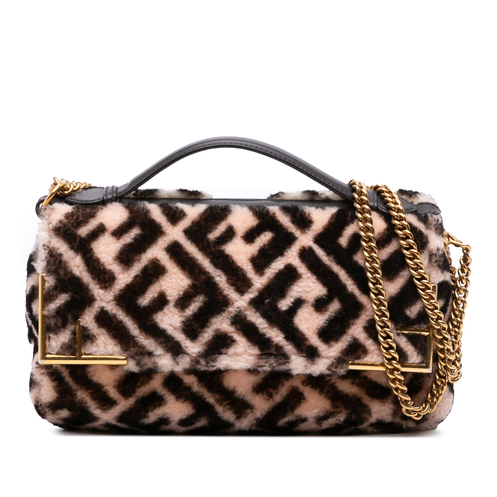 Fendi Zucca Shearling Double F Baguette Satchel Brown: Fendi Zucca Shearling Double F Baguette Satchel Brown This Fendi Zucca Shearling Double F Baguette Satchel combines luxury and functionality, featuring a plush shearling fur body that adds a touch of 