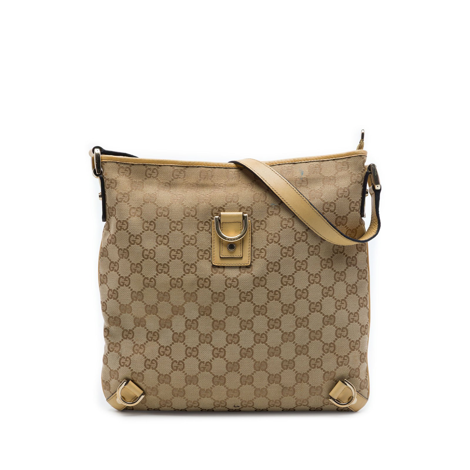 Gucci Abbey D Ring Crossbody Bag in Beige GG Canvas: Gucci Abbey D Ring Crossbody Bag in Beige GG Canvas Gucci Abbey D Ring crossbody bag in GG canvas with leather trim. This crossbody style features an adjustable flat leather strap, top zip closure, an