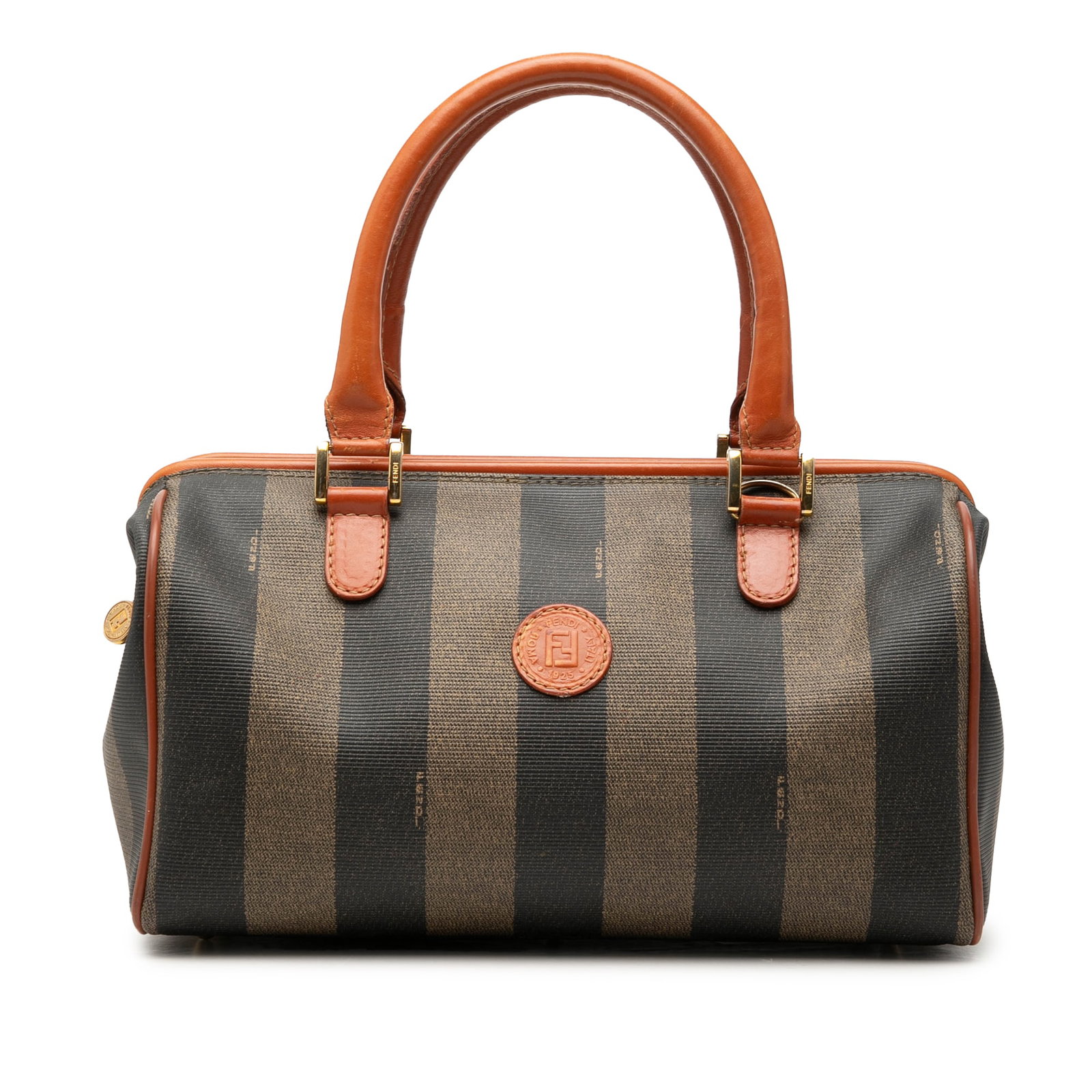 Fendi Pequin Boston Satchel in Brown Coated Canvas: Fendi Pequin Boston Satchel in Brown Coated Canvas Fendi Pequin coated canvas Boston bag with leather trim, rolled leather handles, a top zip closure, and an interior zip pocket. Includes a dust bag. 