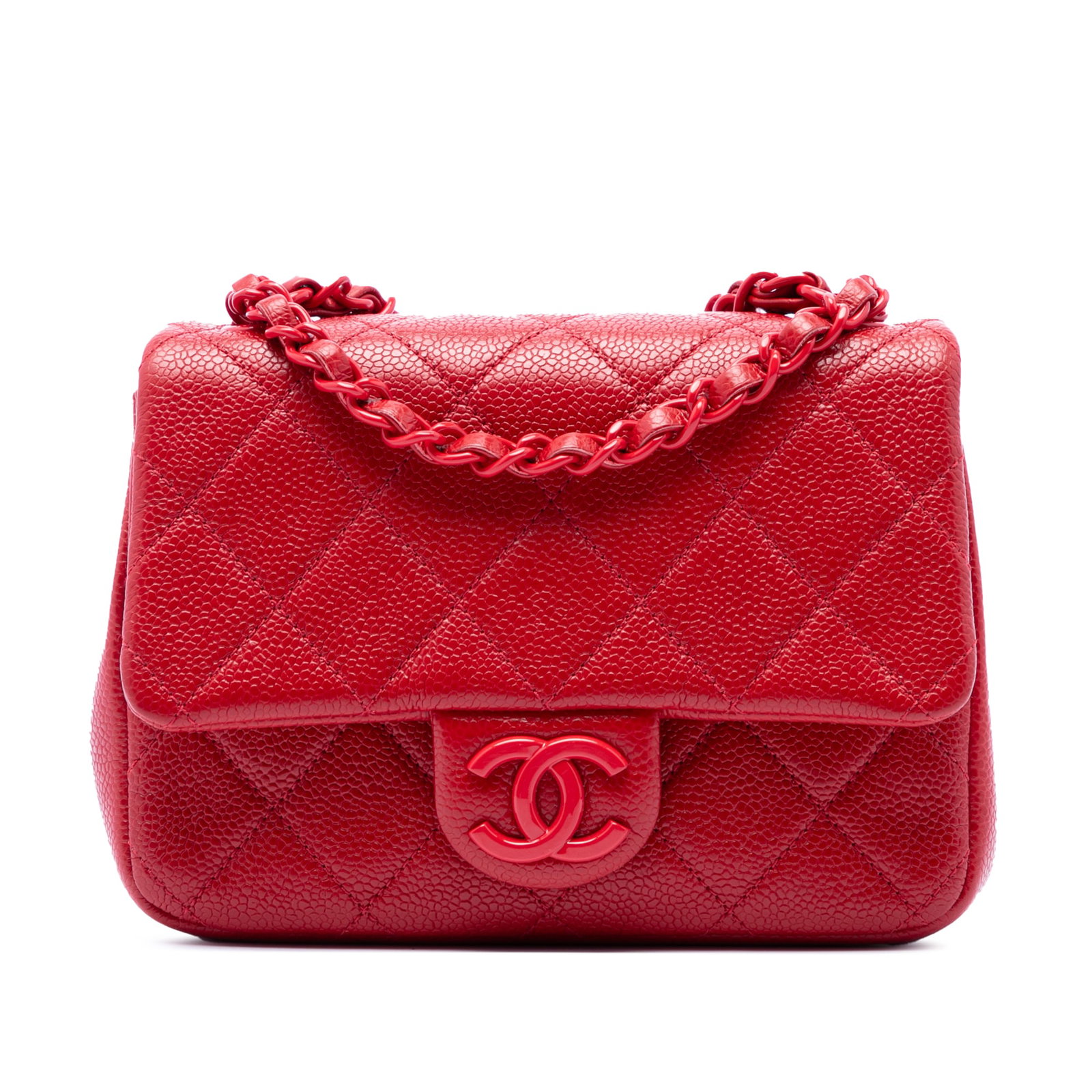 Chanel Mini Square Incognito Flap Red Caviar Leather Crossbody: Chanel Mini Square Incognito Flap Red Caviar Leather Crossbody Chanel Mini Square Caviar Incognito Flap crossbody bag in red quilted caviar leather. It features a leather-woven chain link strap with a