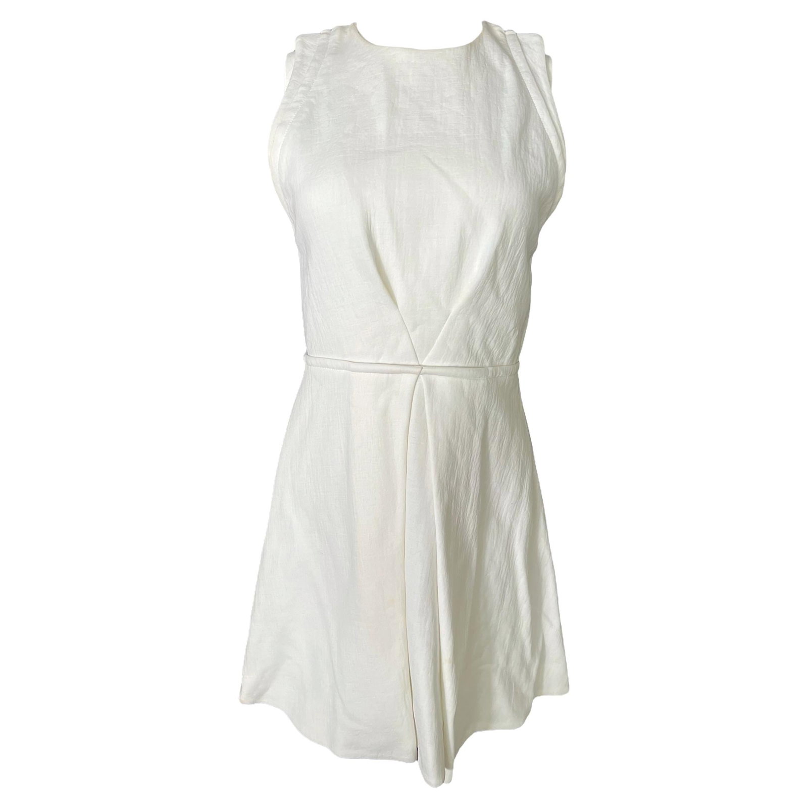 Proenza Schouler Size 4 White Cotton Sleeveless Mini Dress: Proenza Schouler Size 4 White Cotton Sleeveless Mini Dress A white cotton mini dress by Proenza Schouler in a sleeveless style with a crew neckline, above-the-knee length, and a flare skirt. It is mar