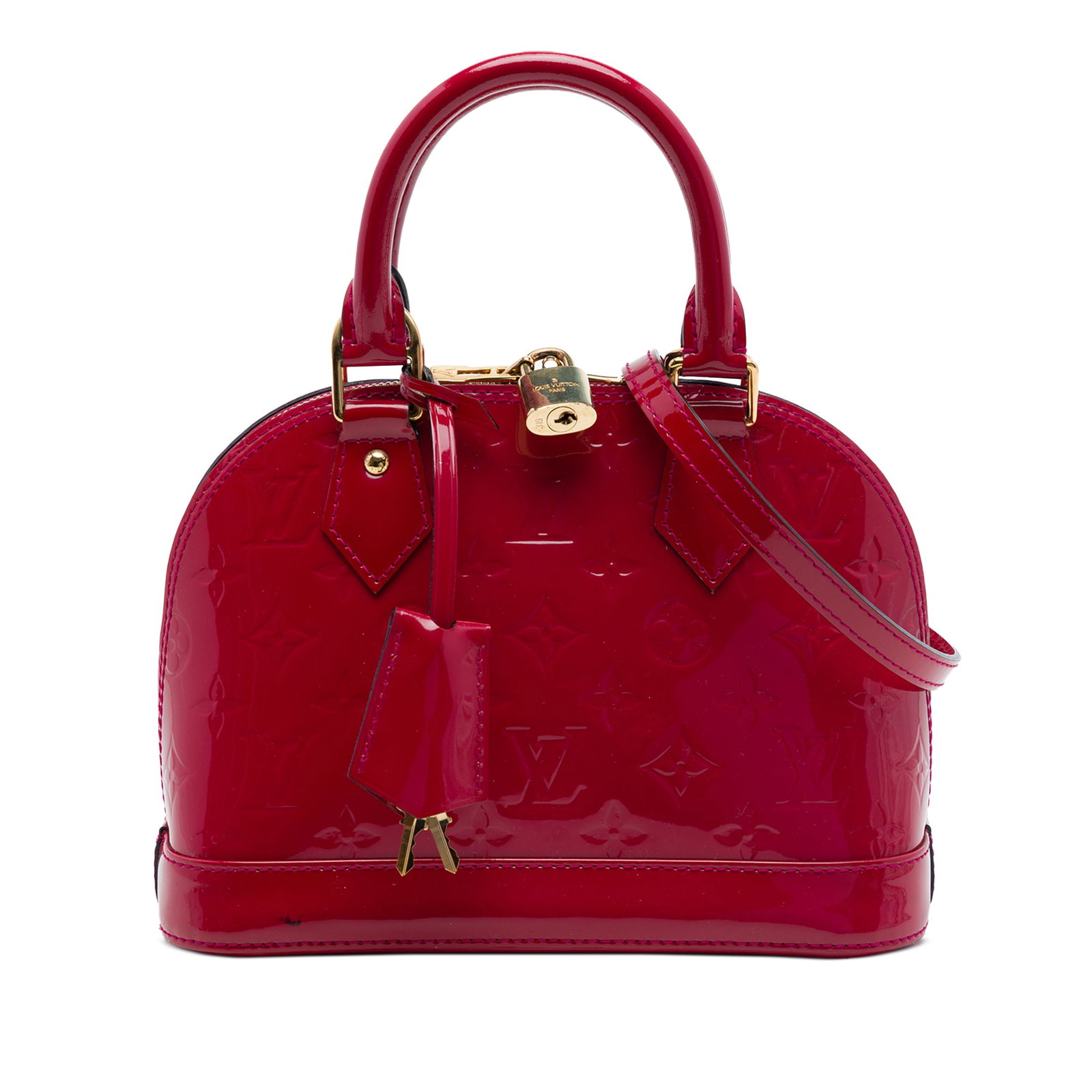 Louis Vuitton Alma BB red Monogram Vernis leather handbag: Louis Vuitton Alma BB red Monogram Vernis leather handbag Louis Vuitton Monogram Vernis Alma BB handbag in red leather with a structured silhouette. It features rolled leather handles, a detachable fl