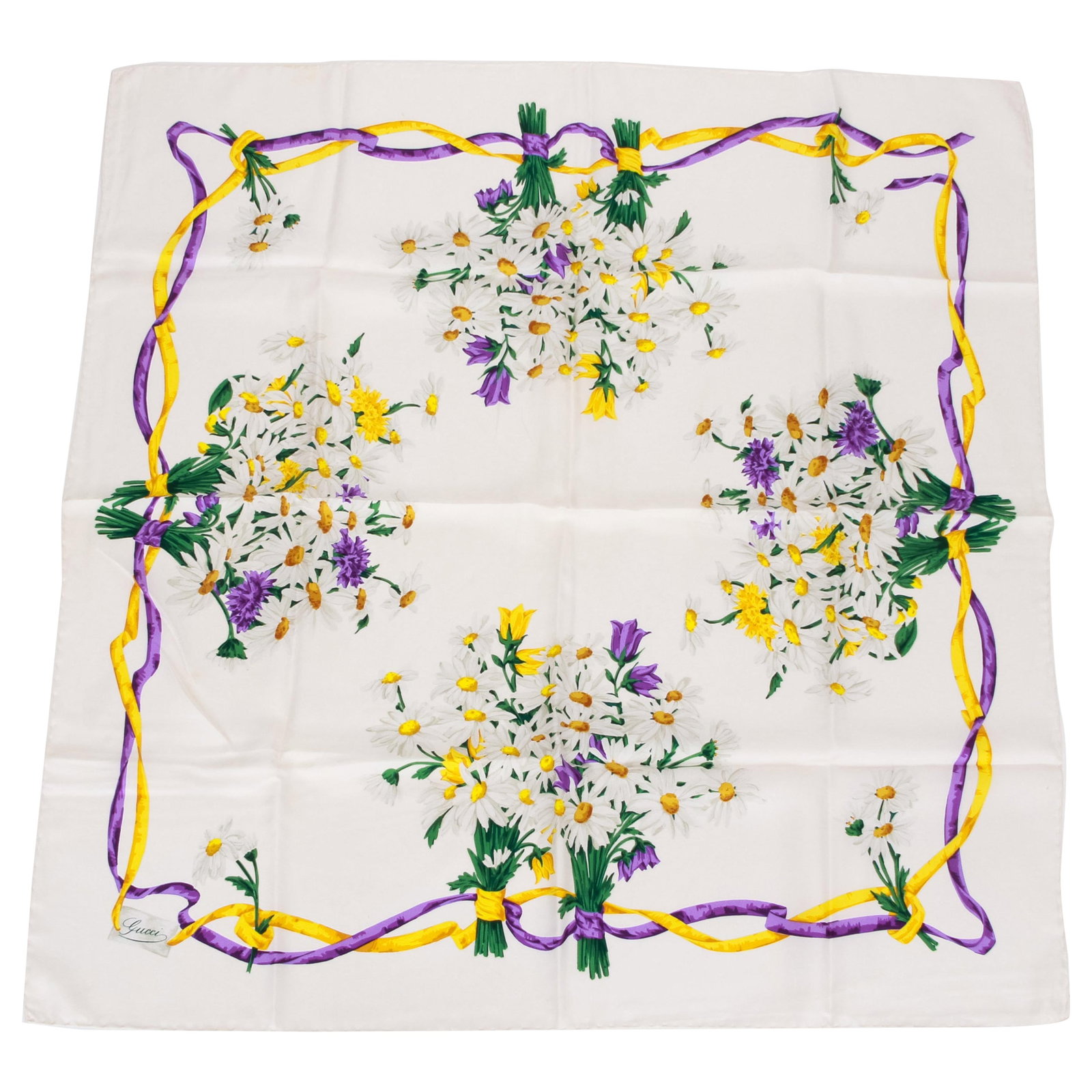 Gucci Vintage White Silk Scarf with Floral Design: Gucci Vintage White Silk Scarf with Floral Design Elevate your accessory collection with this stunning vintage Gucci scarf. Crafted from luxurious white silk, this piece features a beautiful design of