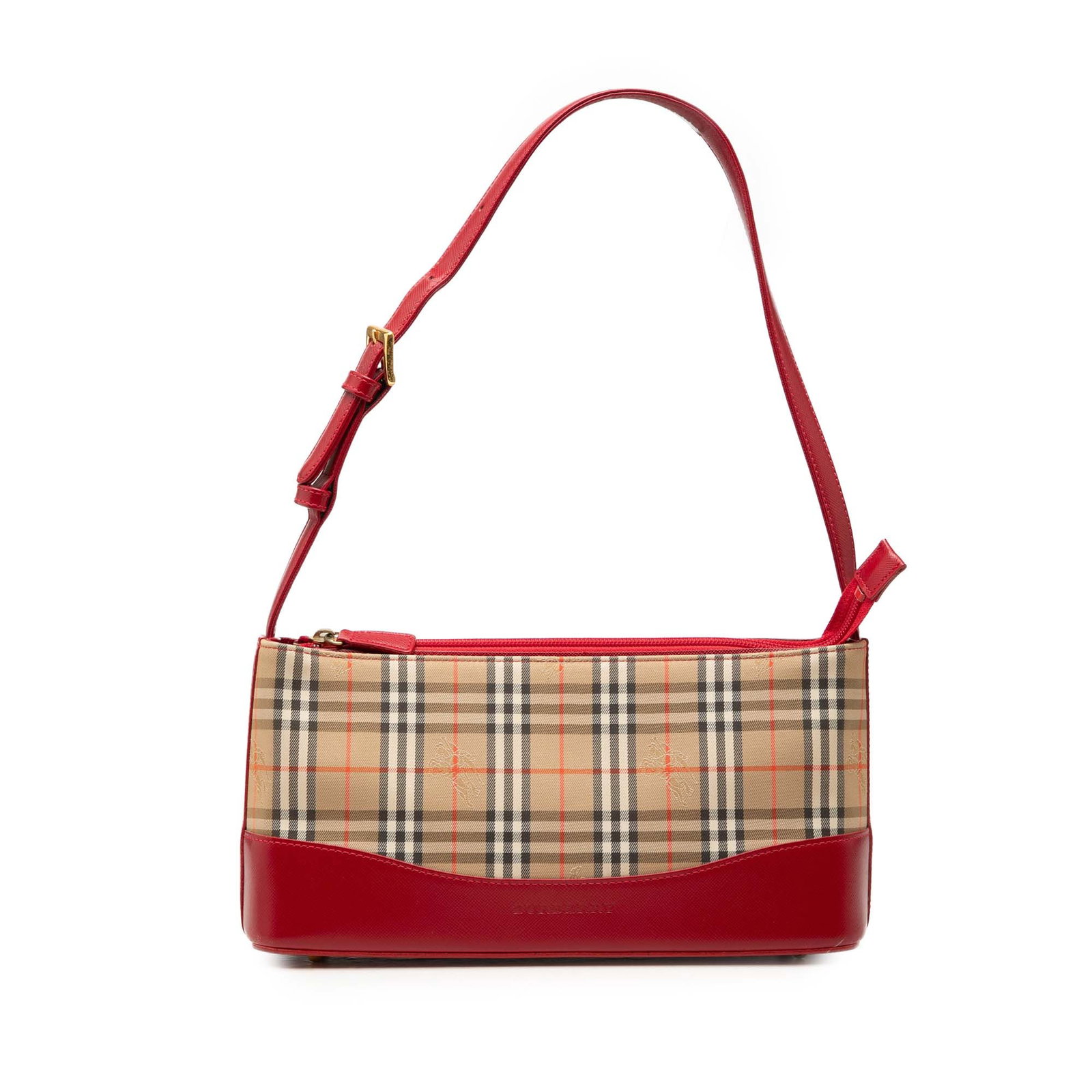 Burberry Haymarket Check Shoulder Bag in Canvas with Leather Trim: Burberry Haymarket Check Shoulder Bag in Canvas with Leather Trim Burberry Haymarket Check canvas shoulder bag with leather trim and a flat leather strap. The bag features a center zip compartment alo