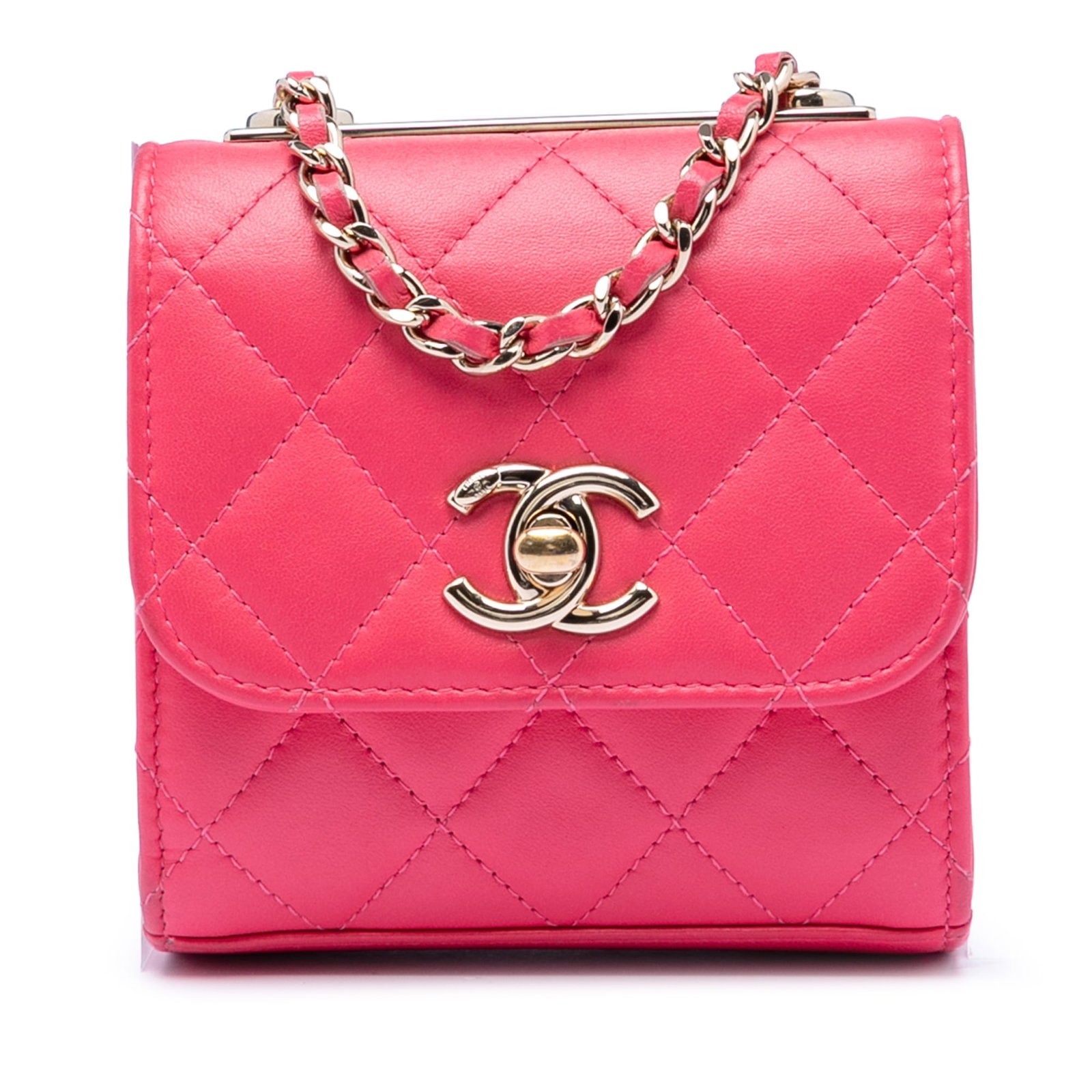 Pink Chanel Leather Crossbody Bag with Quilted Flap and Chain Strap: Pink Chanel Leather Crossbody Bag with Quilted Flap and Chain Strap This Chanel Mini Quilted Lambskin Trendy CC Clutch With Chain is crafted from pink quilted lambskin leather. It features a leather-w