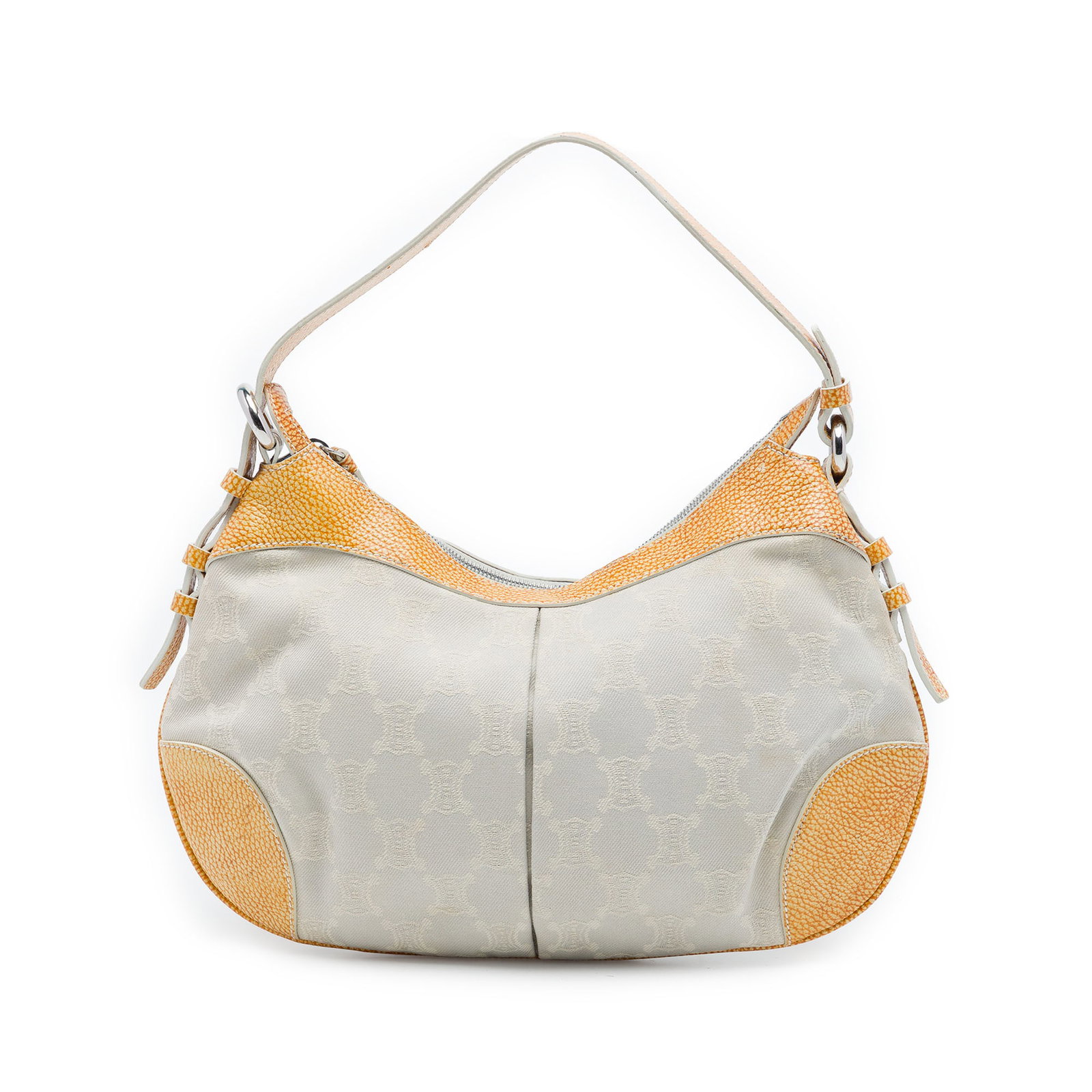Celine Macadam Hobo Bag in Blue Denim with Leather Trim: Celine Macadam Hobo Bag in Blue Denim with Leather Trim Celine Macadam Denim Hobo bag with a denim body, leather trim, a flat leather strap, top zip closure, and interior slip pockets. The bag shows v