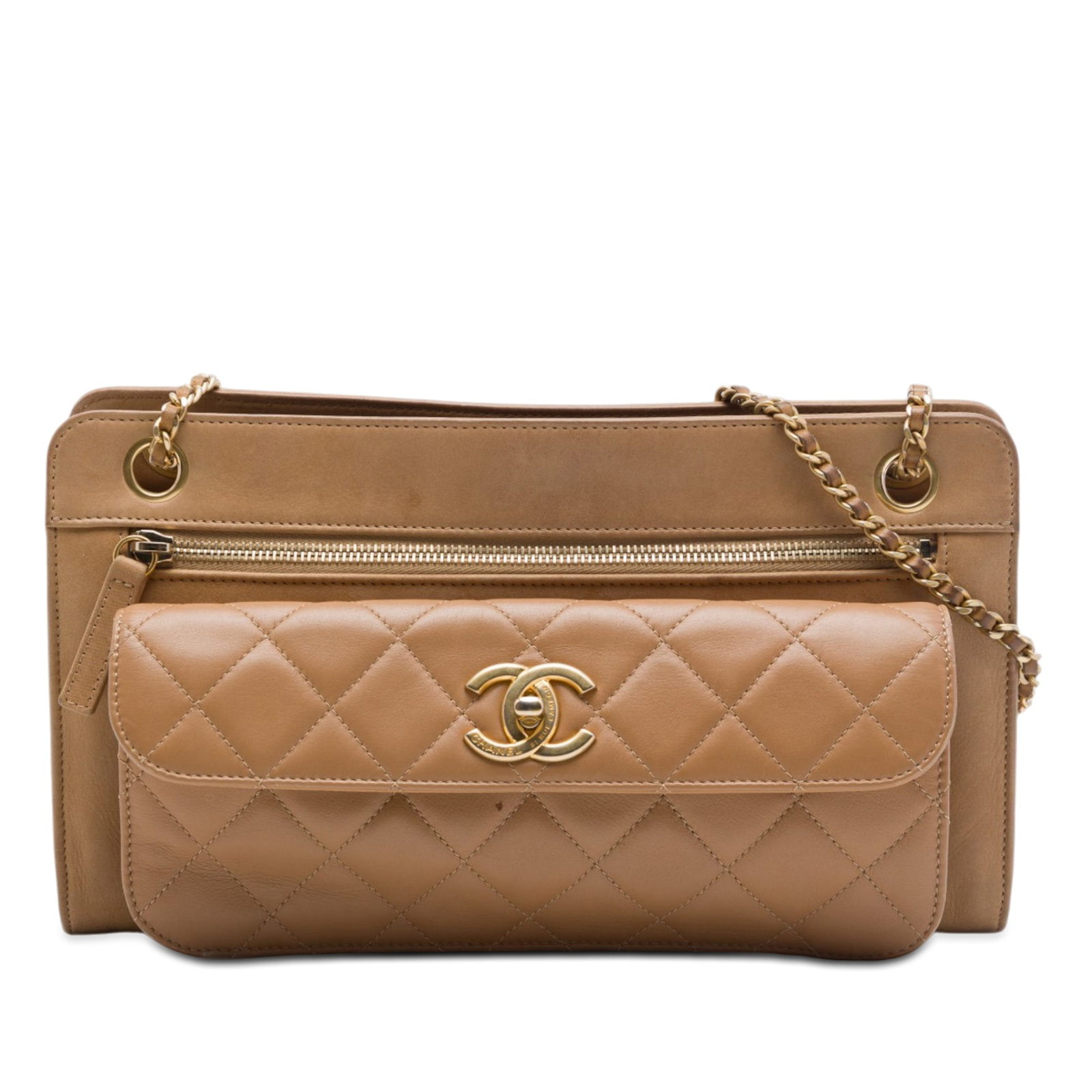 Chanel CC Quilted Lambskin Shoulder Bag with Front Pocket Brown: Chanel CC Quilted Lambskin Shoulder Bag with Front Pocket Brown Chanel CC Quilted Lambskin Front Pocket Shoulder Bag in brown, crafted from quilted lambskin leather with leather-woven chain straps. It