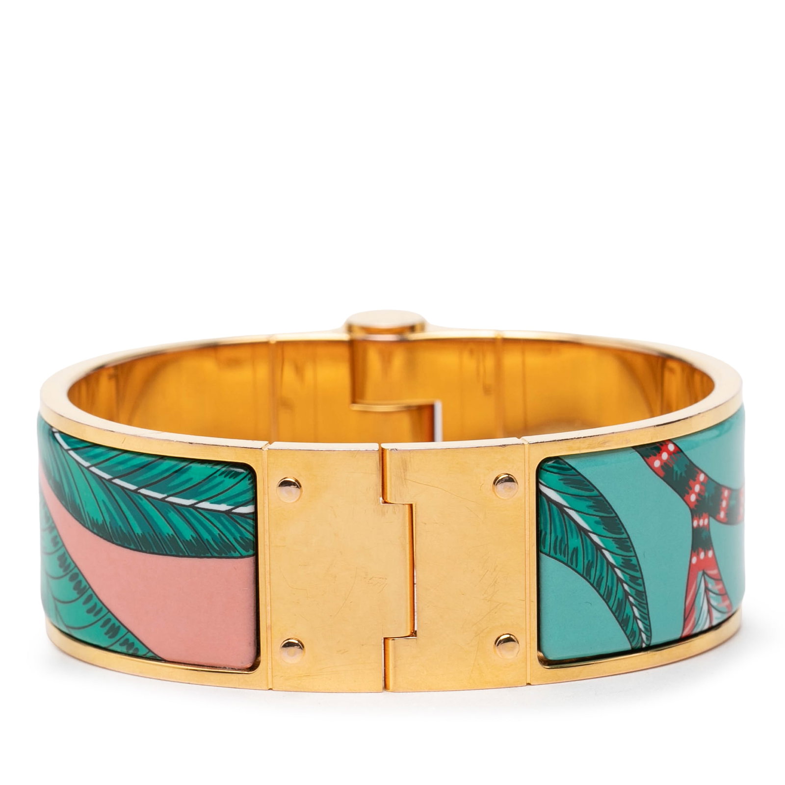 Hermes Savana Dance Wide Charniere Enamel Hinged Bangle: Hermes Savana Dance Wide Charniere Enamel Hinged Bangle Hermes Wide Savana Dance Charniere Hinged Bracelet featuring a print on enamel and a gold-plated body with hinged closure. It is a costume piece