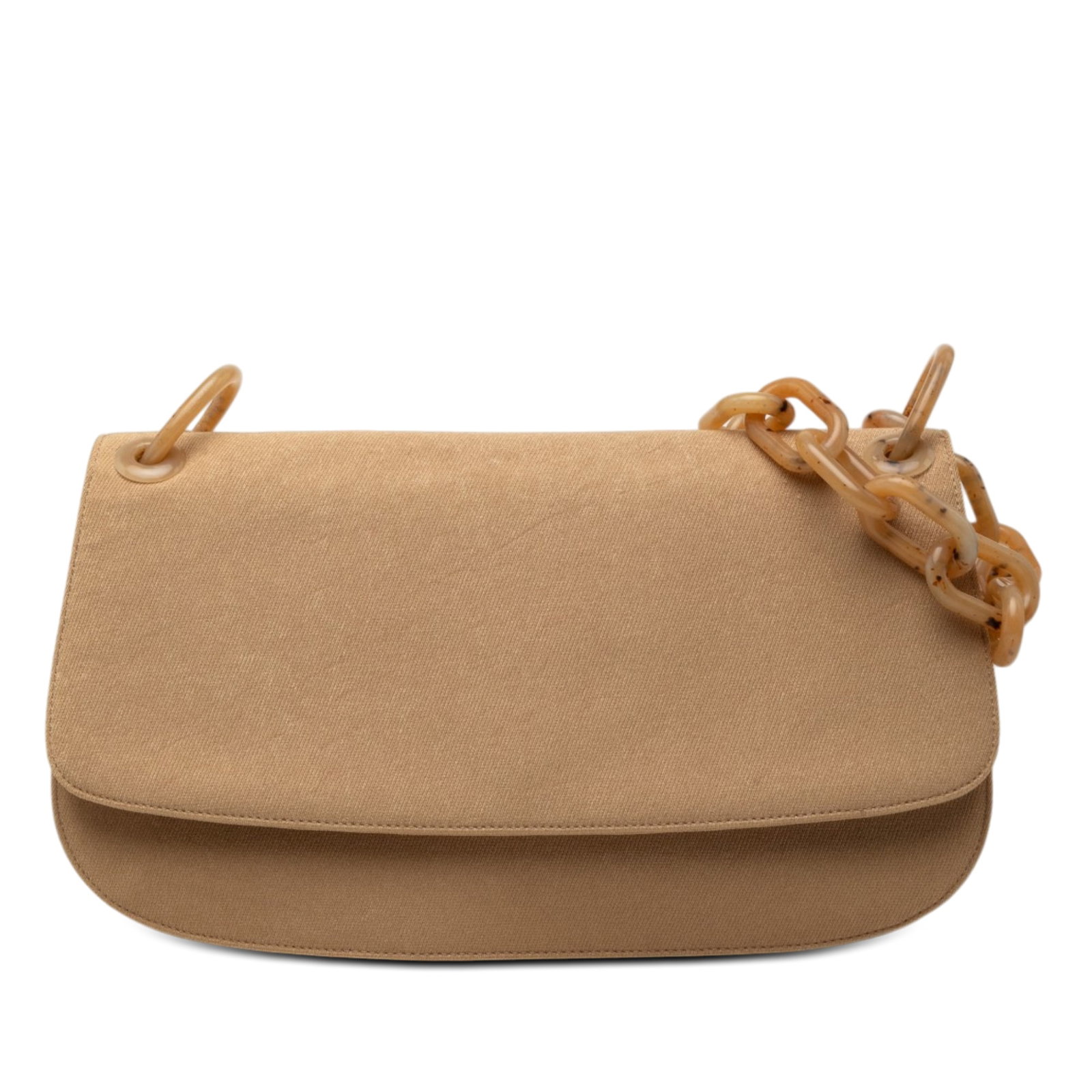 Prada Brown Canvas Shoulder Bag with Resin Chain Strap: Prada Brown Canvas Shoulder Bag with Resin Chain Strap Prada shoulder bag crafted with a canvas body and a resin chain link strap. The design features a front flap with snap button closure and an inte