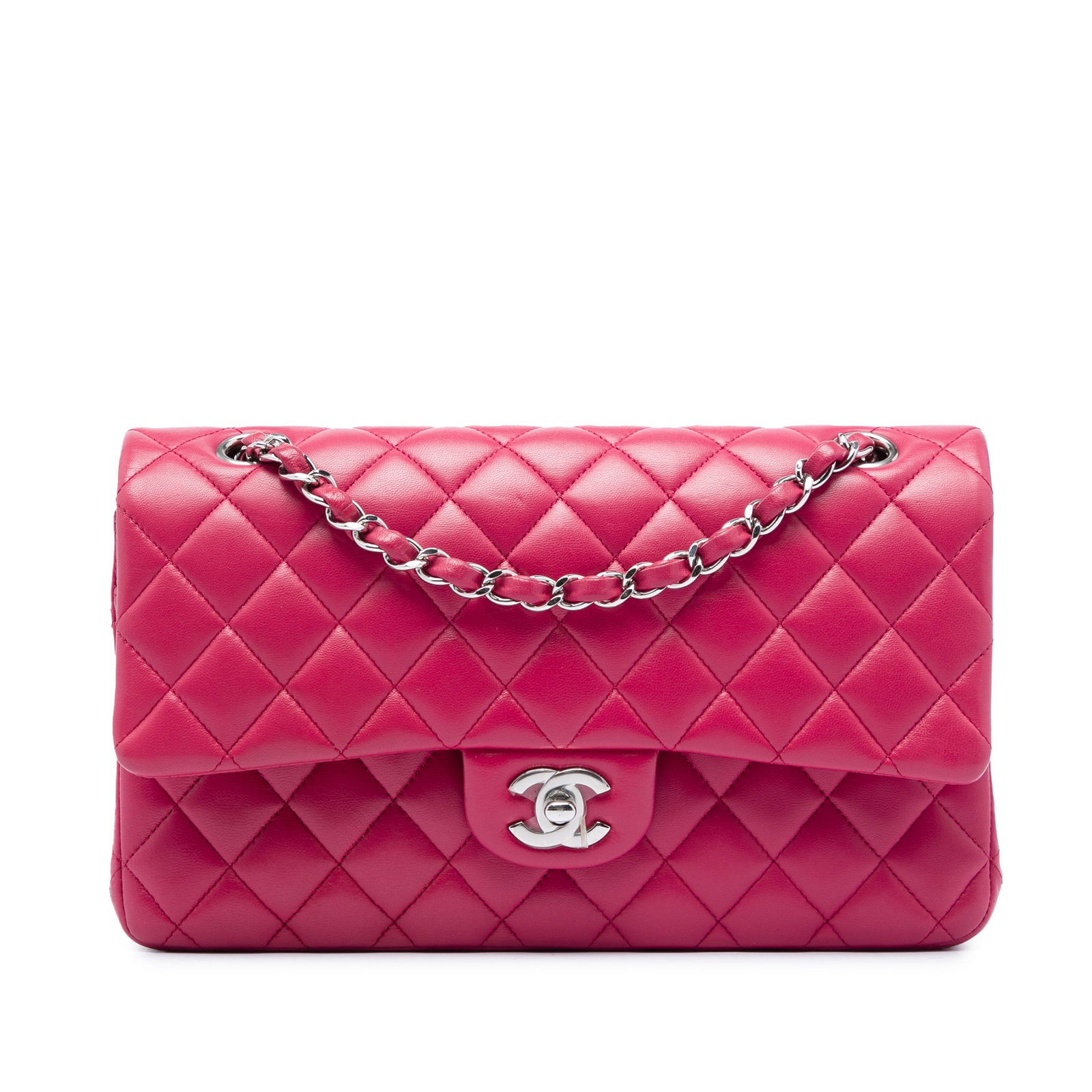 Chanel Medium Classic Double Flap Pink Lambskin Shoulder Bag: Chanel Medium Classic Double Flap Pink Lambskin Shoulder Bag Medium Classic Lambskin Double Flap shoulder bag in pink quilted lambskin with leather-woven chain link straps, double front flaps, interlo