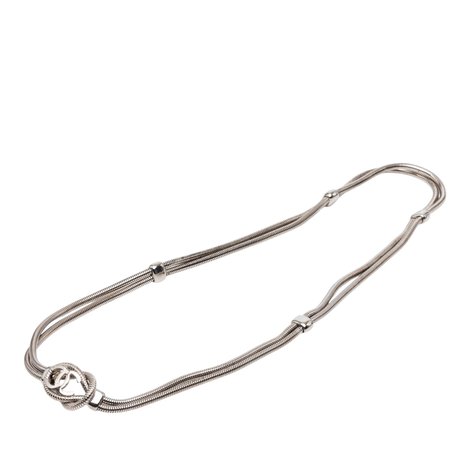 Chanel CC knot necklace with double snake chain brass: Chanel CC knot necklace with double snake chain brass Chanel CC double snake chain knot necklace in silver-tone metal with dual snake-bone chain strands, sliding accent beads, and an integrated interl