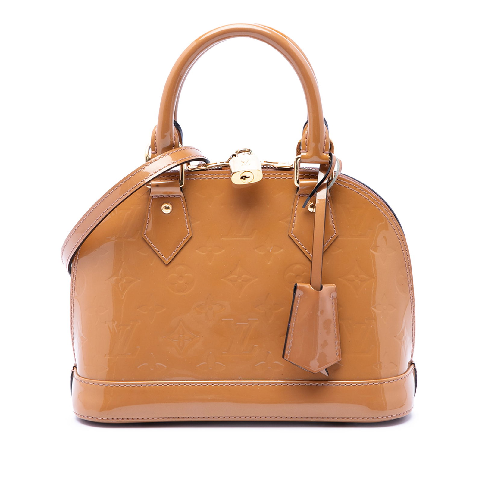 Louis Vuitton Alma BB Monogram Vernis Leather Handbag: Louis Vuitton Alma BB Monogram Vernis Leather Handbag Louis Vuitton Monogram Vernis Alma BB handbag crafted in leather with rolled handles, a detachable flat strap, zip-around top closure, and an inte