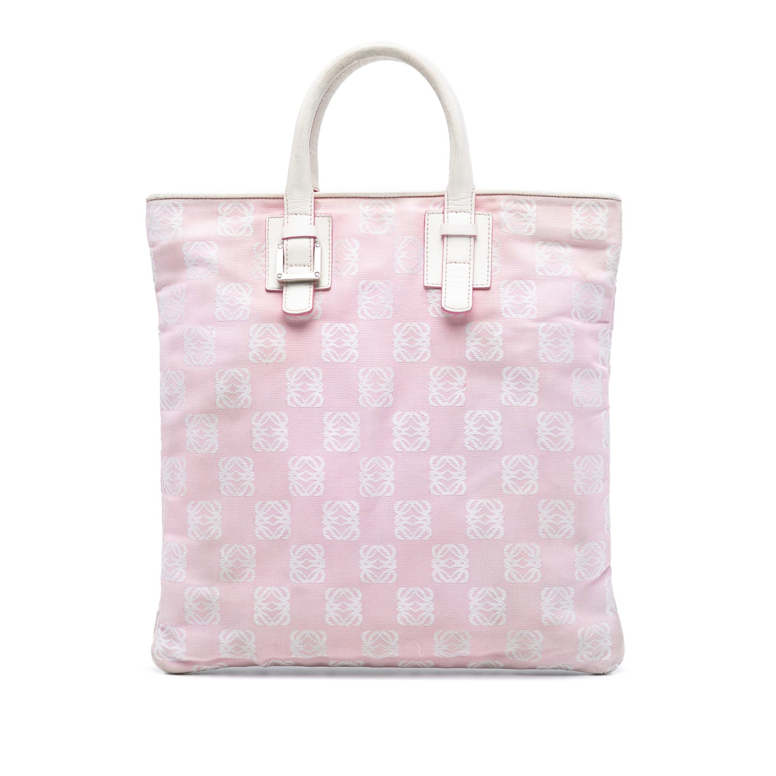 Anagram Canvas Tote Bag with Leather Trim by Loewe: Anagram Canvas Tote Bag with Leather Trim by Loewe This LOEWE Anagram Canvas Tote features a pink canvas body with leather trim and rolled leather handles. The open top is secured with a magnetic clos