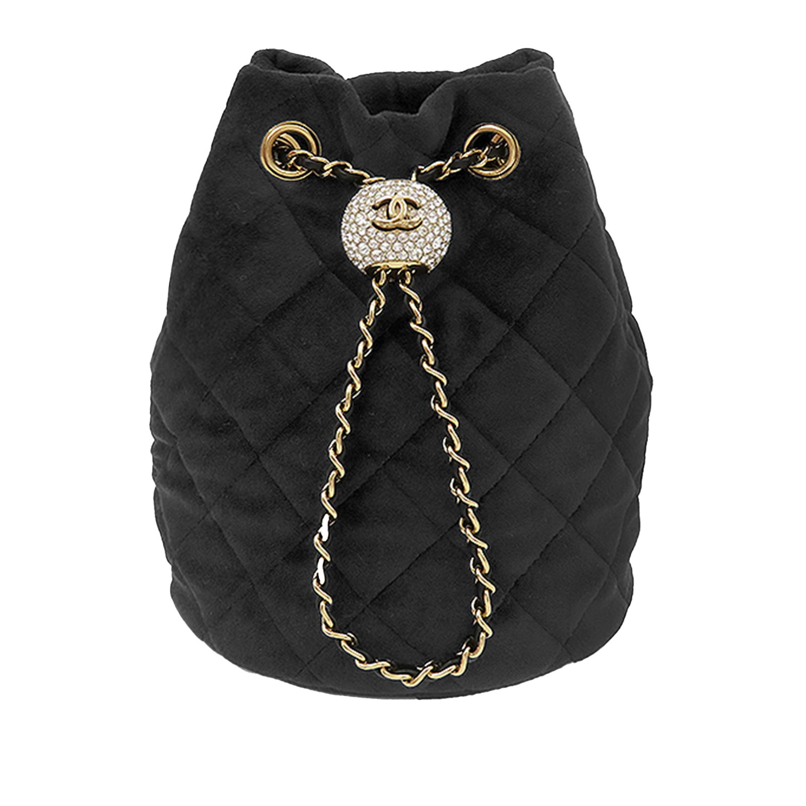 Chanel Crystal Pearl Crush Quilted Velvet Bucket Bag: Chanel Crystal Pearl Crush Quilted Velvet Bucket Bag Quilted velvet bucket bag with a leather-woven chain strap, shoulder guard, and an open top with drawstring closure. The bag includes card document