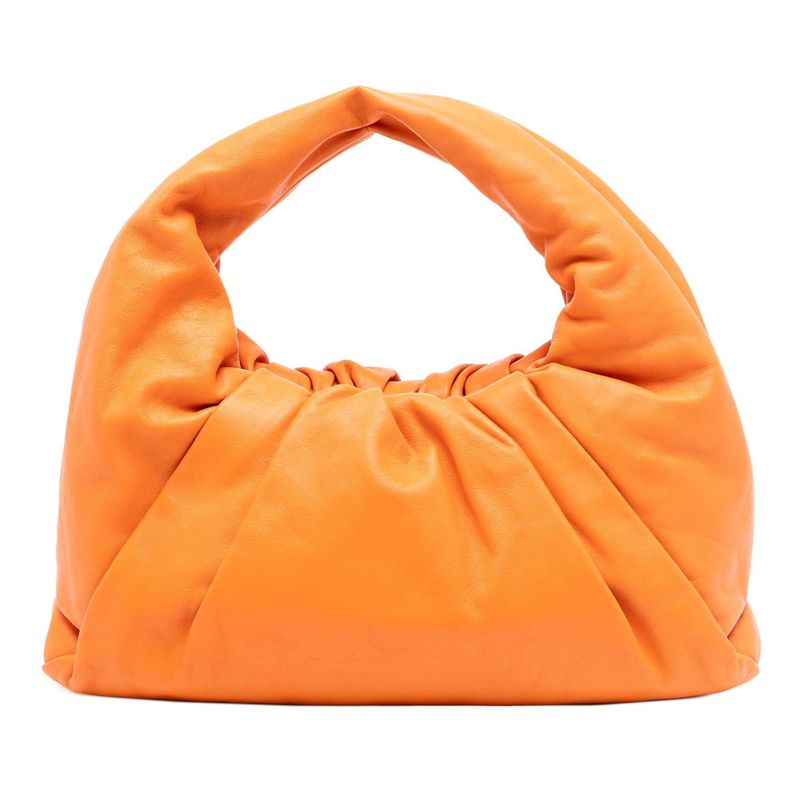 Orange Leather Shoulder Pouch Bag by Bottega Veneta: Orange Leather Shoulder Pouch Bag by Bottega Veneta This Bottega Veneta Shoulder Pouch features an orange lambskin leather body, a matching leather handle, and a magnetic frame closure. The interior l
