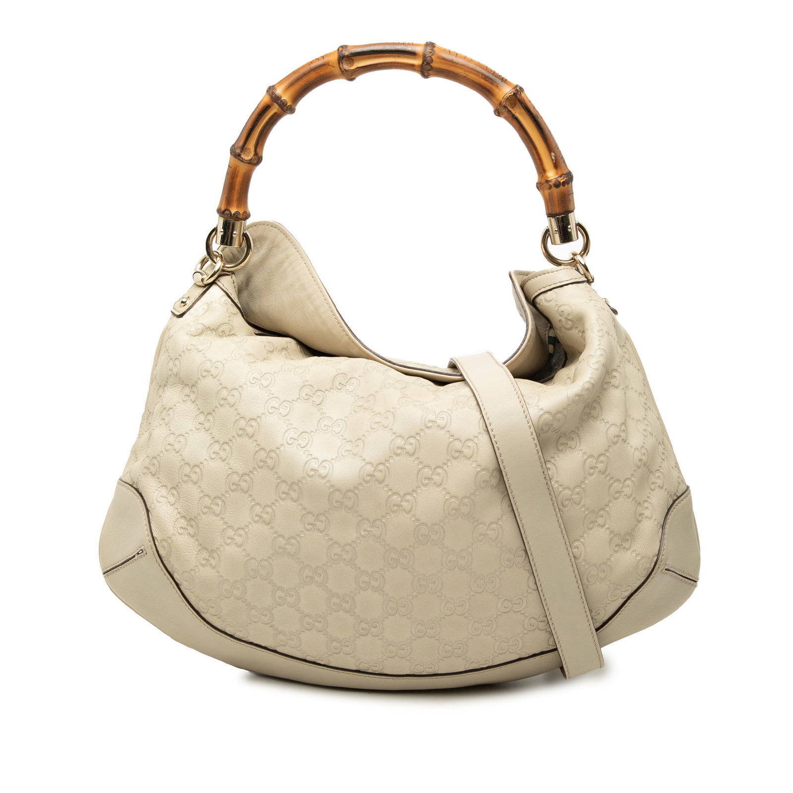 Gucci Guccissima Peggy Bamboo Handle Leather Satchel: Gucci Guccissima Peggy Bamboo Handle Leather Satchel Guccissima Bamboo Peggy satchel in white embossed leather with a top bamboo handle, detachable flat leather strap, fold-over top closure, and an in