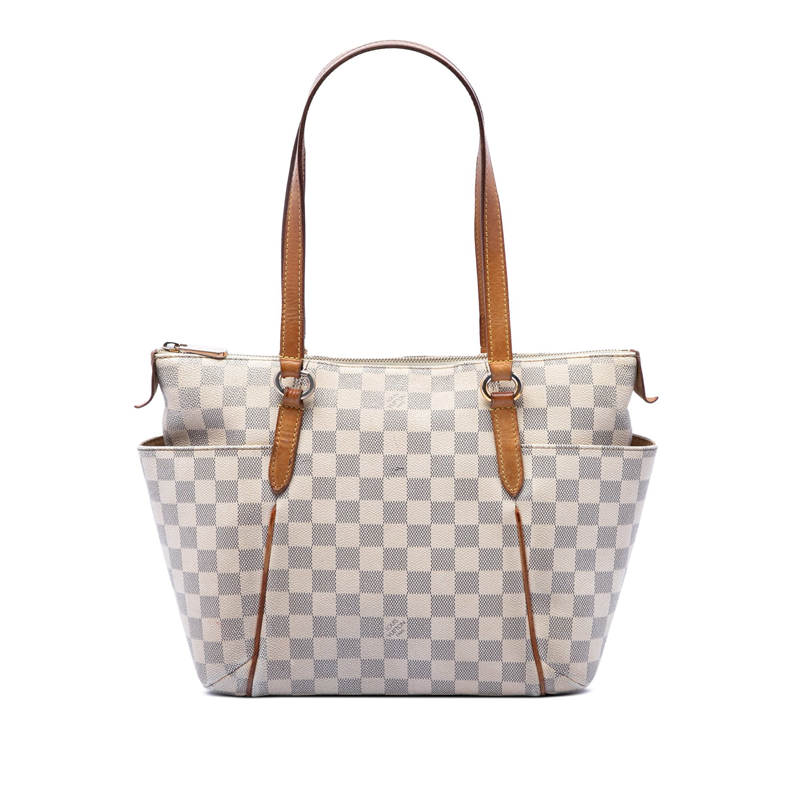 Louis Vuitton Totally PM Damier Azur shoulder bag: Louis Vuitton Totally PM Damier Azur shoulder bag Louis Vuitton Damier Azur Totally PM bag with a canvas body, flat vachetta leather handles, top zip closure, exterior side slip pockets, and interior 