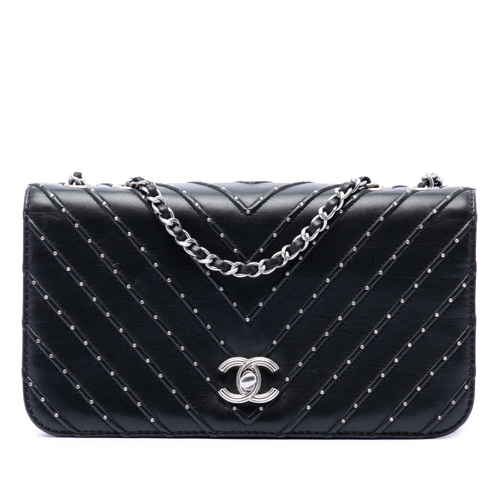 Chanel studded chevron lambskin flap shoulder bag: Chanel studded chevron lambskin flap shoulder bag This Chanel Chevron Lambskin Stud Wars Full Flap shoulder bag features a quilted and studded leather exterior in black, complemented by a leather-wove