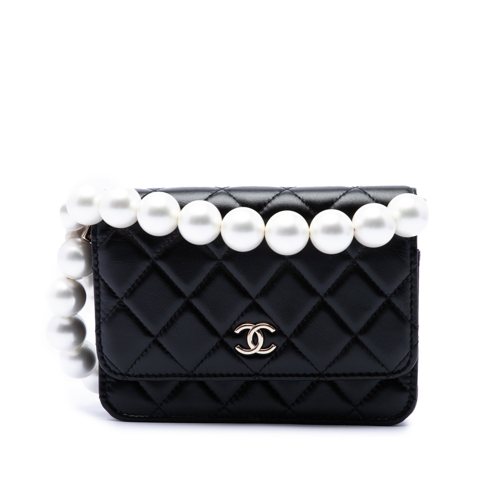 Chanel Maxi Pearls Wallet on Chain in Quilted Black Calfskin: Chanel Maxi Pearls Wallet on Chain in Quilted Black Calfskin Chanel Wallet on Chain in black quilted calfskin leather with a faux pearl detailed strap and front flap with magnetic snap closure. The de