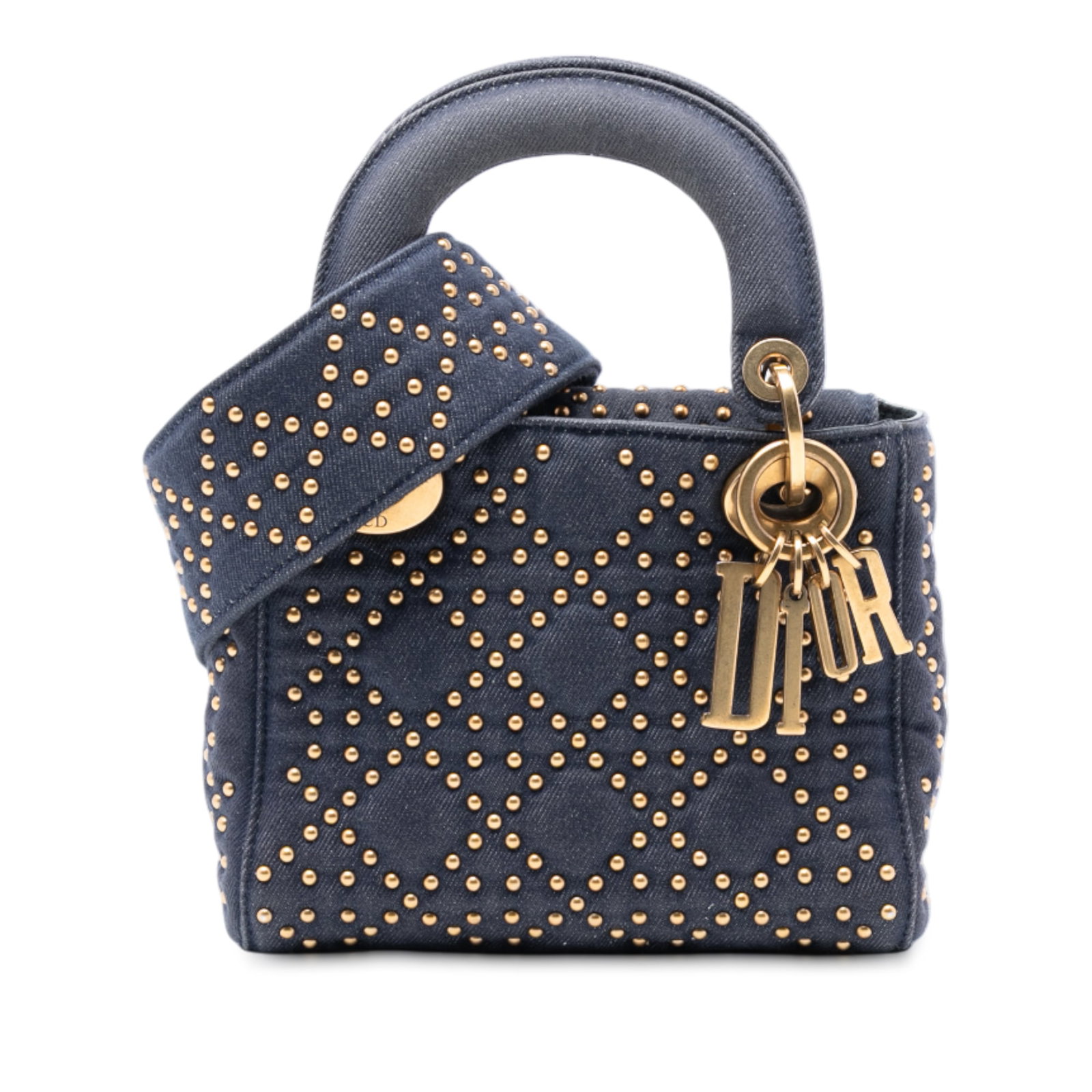 Dior Lady Dior Mini Satchel Blue Denim Studded Cannage Handbag: Dior Lady Dior Mini Satchel Blue Denim Studded Cannage Handbag This Lady Dior satchel features a studded denim body with the signature Cannage pattern, flat handles, and a detachable flat strap. It is