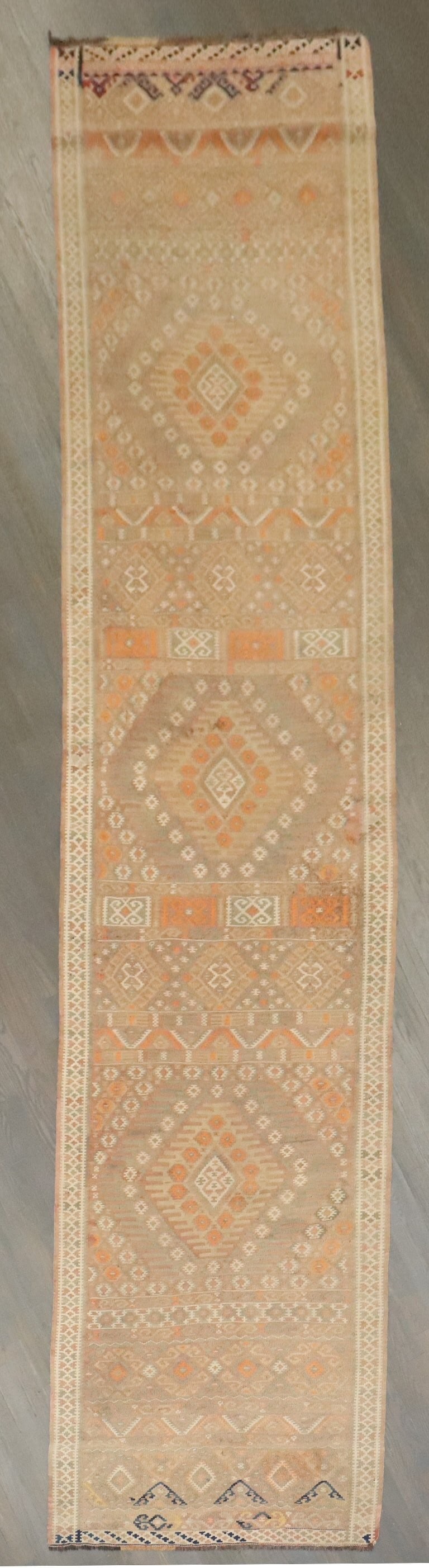 3' x 13' 4" Mid 20th Century Kilim Runner Moroccan: 3' x 13' 4" Mid 20th Century Kilim Runner Moroccan Mid-20th century kilim runner with a vintage Moroccan title attribution. This pre-owned runner is categorized as a runner and identified in the origi