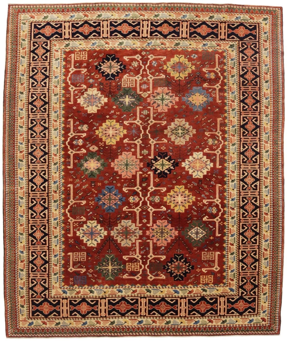 Handmade Kazak Wool Rug Rusty Red Geometric Tribal Design 5'9 x 6'10: Handmade Kazak Wool Rug Rusty Red Geometric Tribal Design 5'9 x 6'10 This exquisite Handmade Kazak Oriental Rug showcases a rich rusty red color with geometric patterns, making it an ideal addition to