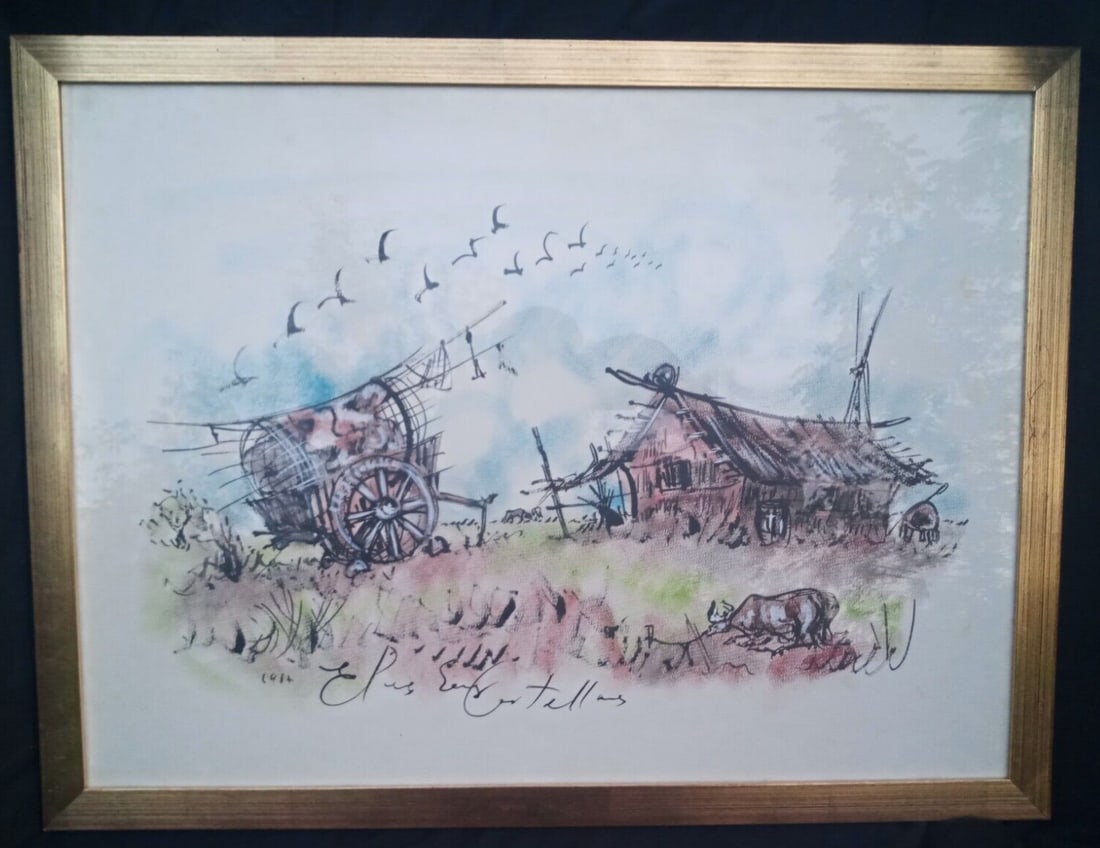 Framed Argentina watercolor painting by Elena Castellanos 21 by 27.5 inches: Framed Argentina watercolor painting by Elena Castellanos 21 by 27.5 inches Framed watercolor painting by Elena Castellanos depicting a rural Gaucho farm setting. The work is on artist paper and featu