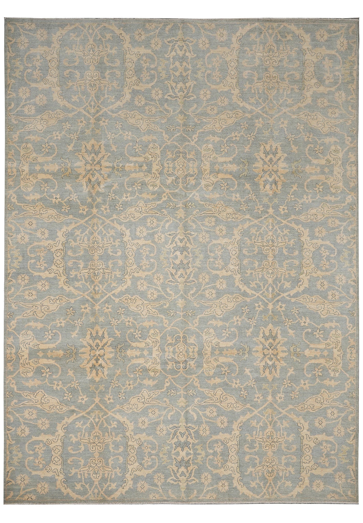 9 x 12 Hand-Knotted Chobi Rug Light Blue Beige Natural Wool: 9 x 12 Hand-Knotted Chobi Rug Light Blue Beige Natural Wool Free continental US Shipping This handmade Chobi area rug features a soft light blue and beige color palette, complemented by intricate Zigl
